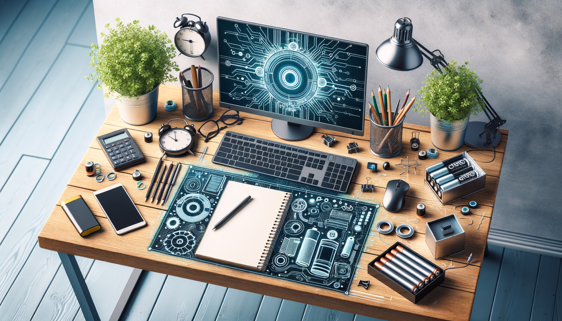 KDB Tech-Update 202501061601 Arbeitsplatz mit Monitor, Smartphone, Notizblock und technischen Bauteilen; Schaltkreise symbolisieren Entwicklung und Stromspeicherung mittels Akku.