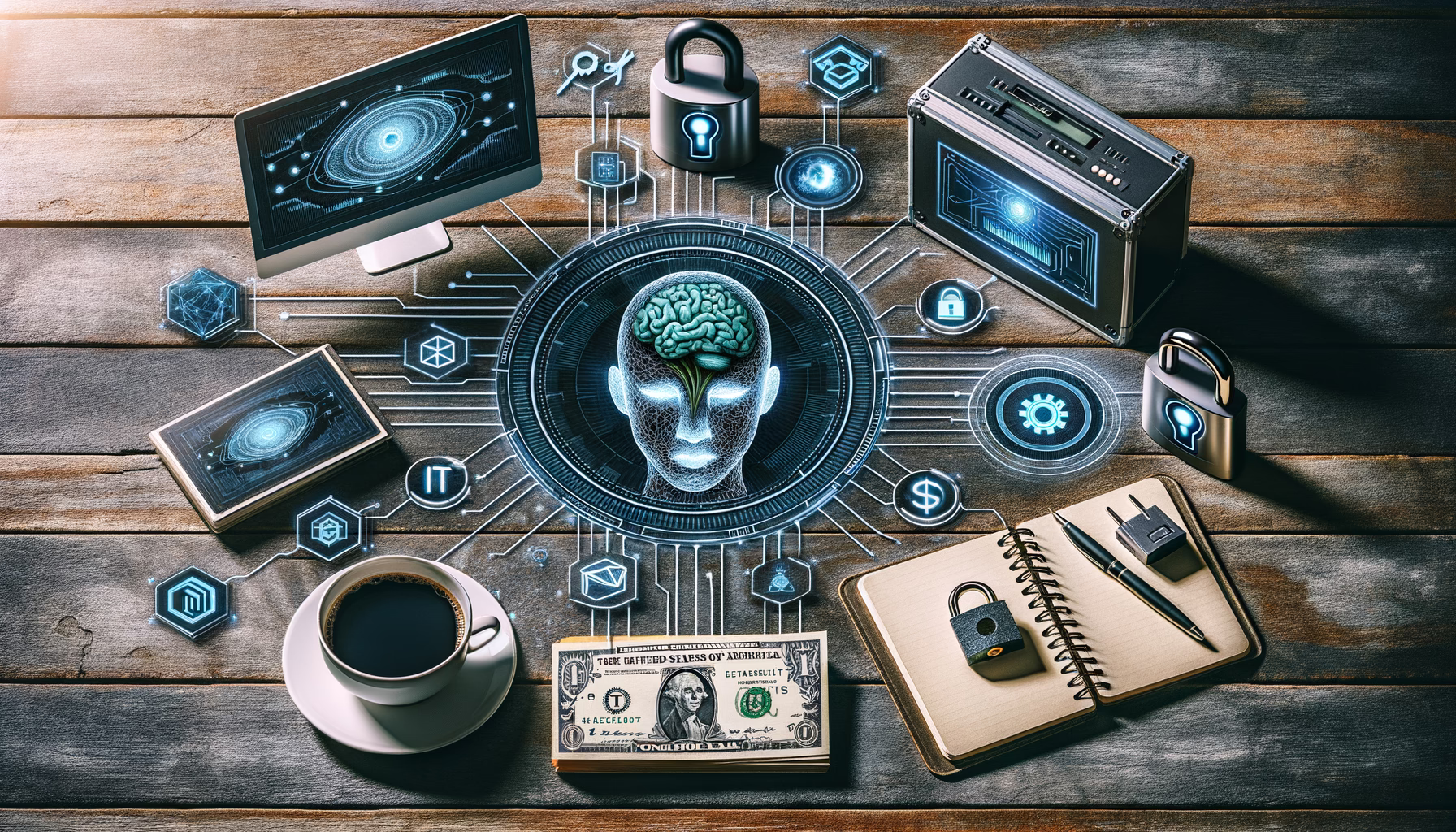 KDB Tech-Update 202501071601 Technik-Desk-Illustration mit KI-Icon am Monitor, Schloss für IT-Sicherheit, Geldschein für Echtzeit-Übertragung und Notiz für Session-Strategie.