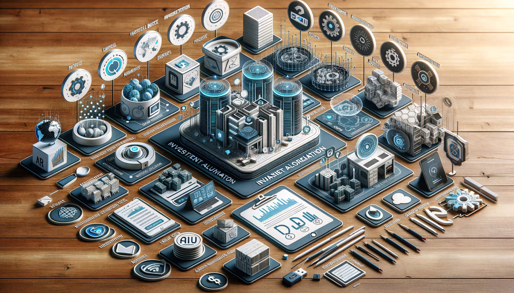 KDB Tech-Update 202501080606 Ansicht eines IT-Update-Layouts mit Mini-Rechenzentrum, Servern, Diagrammen, KI- und Automationssymbolen, Sicherheits- und Zahlungs-Interfaces sowie Trendzeichen.