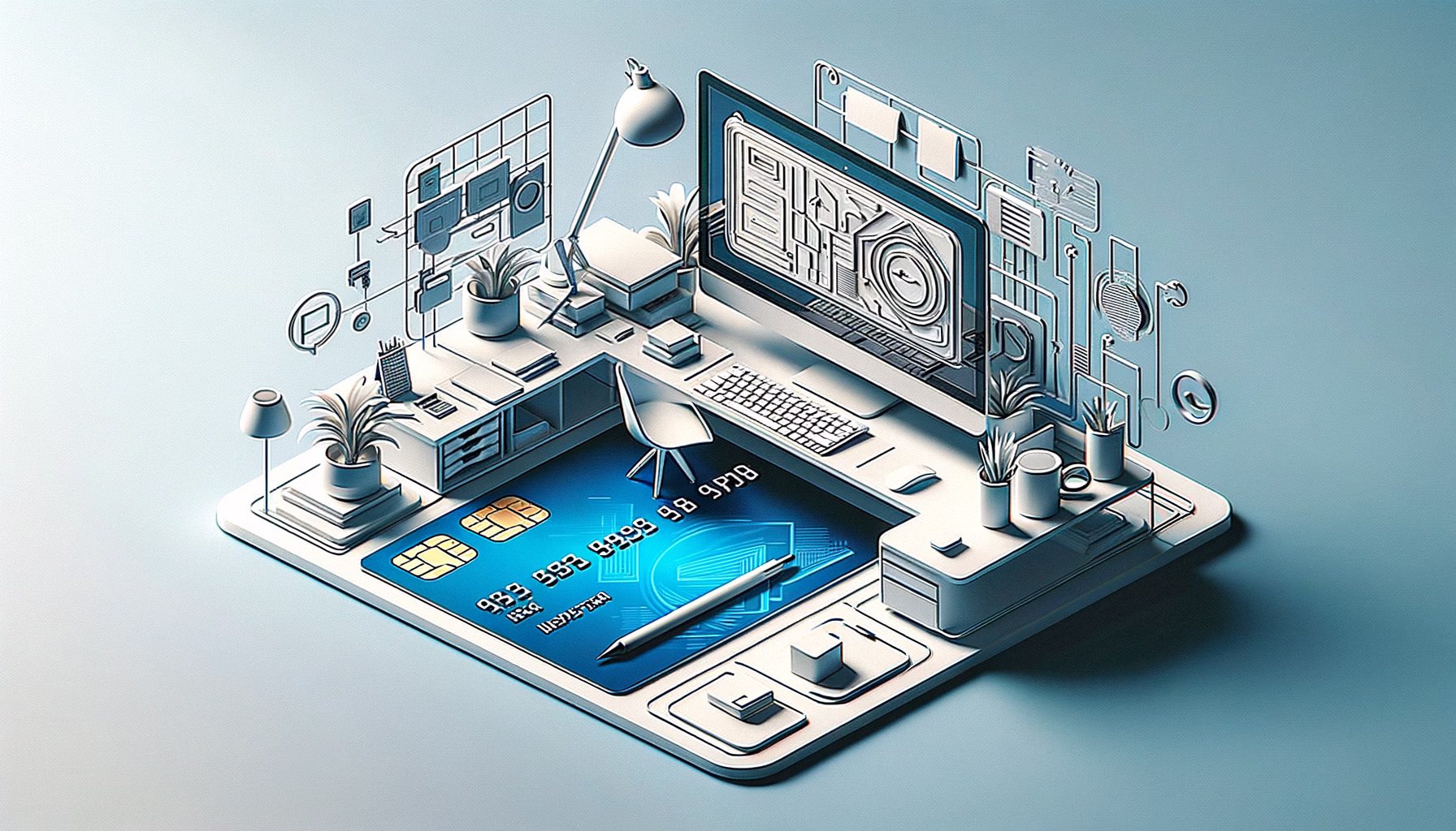 KDB Tech-Update 202501091602 Modernes Schreibtisch-Setup mit Computerbildschirm und Bankkarte; verdeutlicht digitale Zahlung und effizientes Arbeiten an einem zentralen Arbeitsplatz.