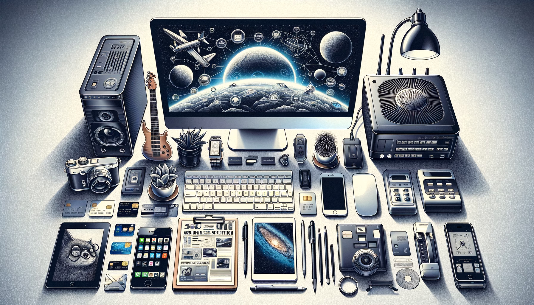 KDB Tech-Update 202501100605 Technik-Arbeitsplatz mit Computer, Smartphone, Router, Netzwerkgerät, Drucker und Eingabegeräten; zeigt moderne IT für effiziente Kommunikation.