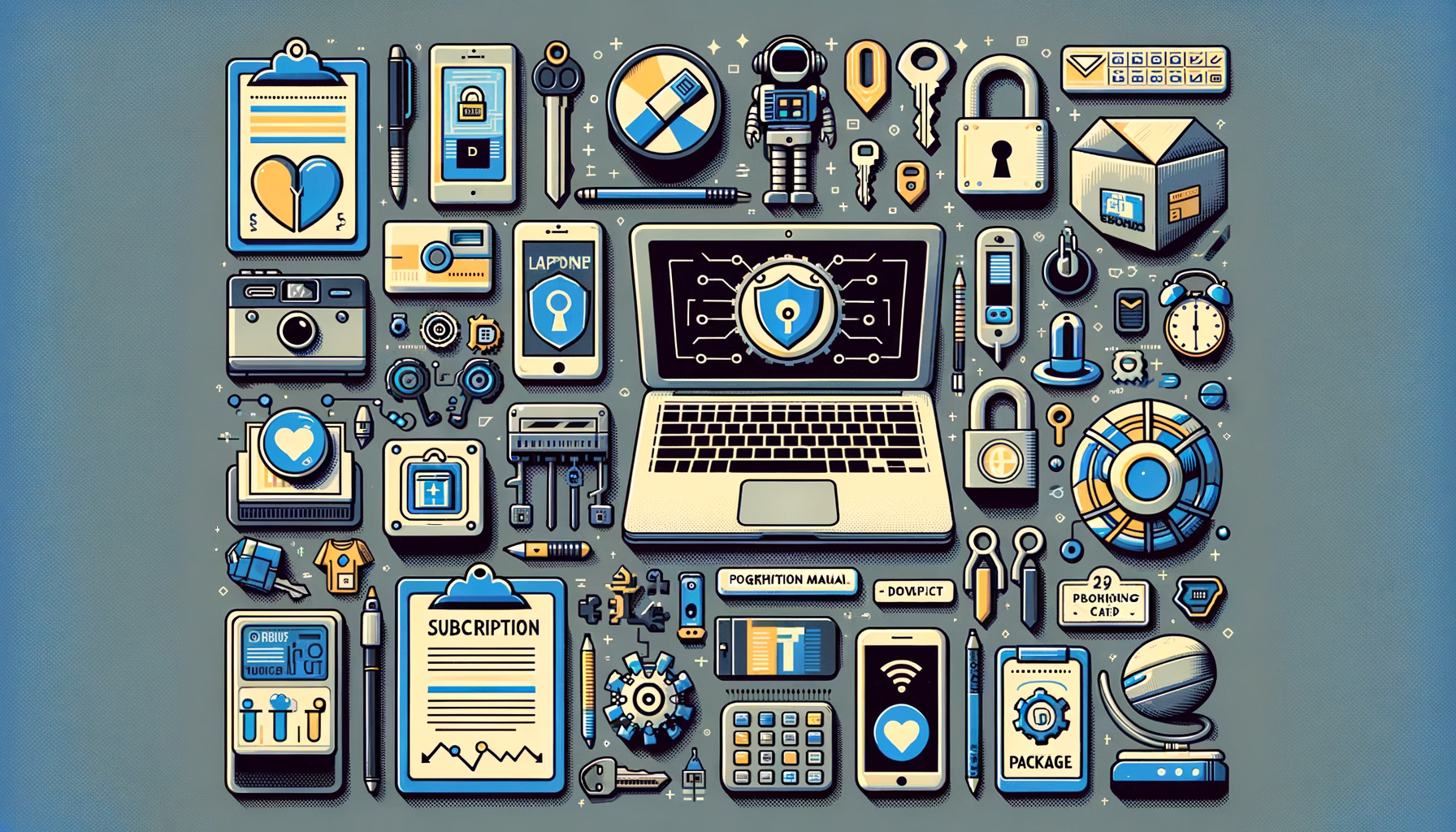 KDB Tech-Update 202501111602 Illustration eines Laptops mit Sicherheits- und IT-Symbolen: Schlüssel, Schloss, Backup-Drive, Warnzeichen, Abo- und Infokarten, Smartphone und Technikzubehör.