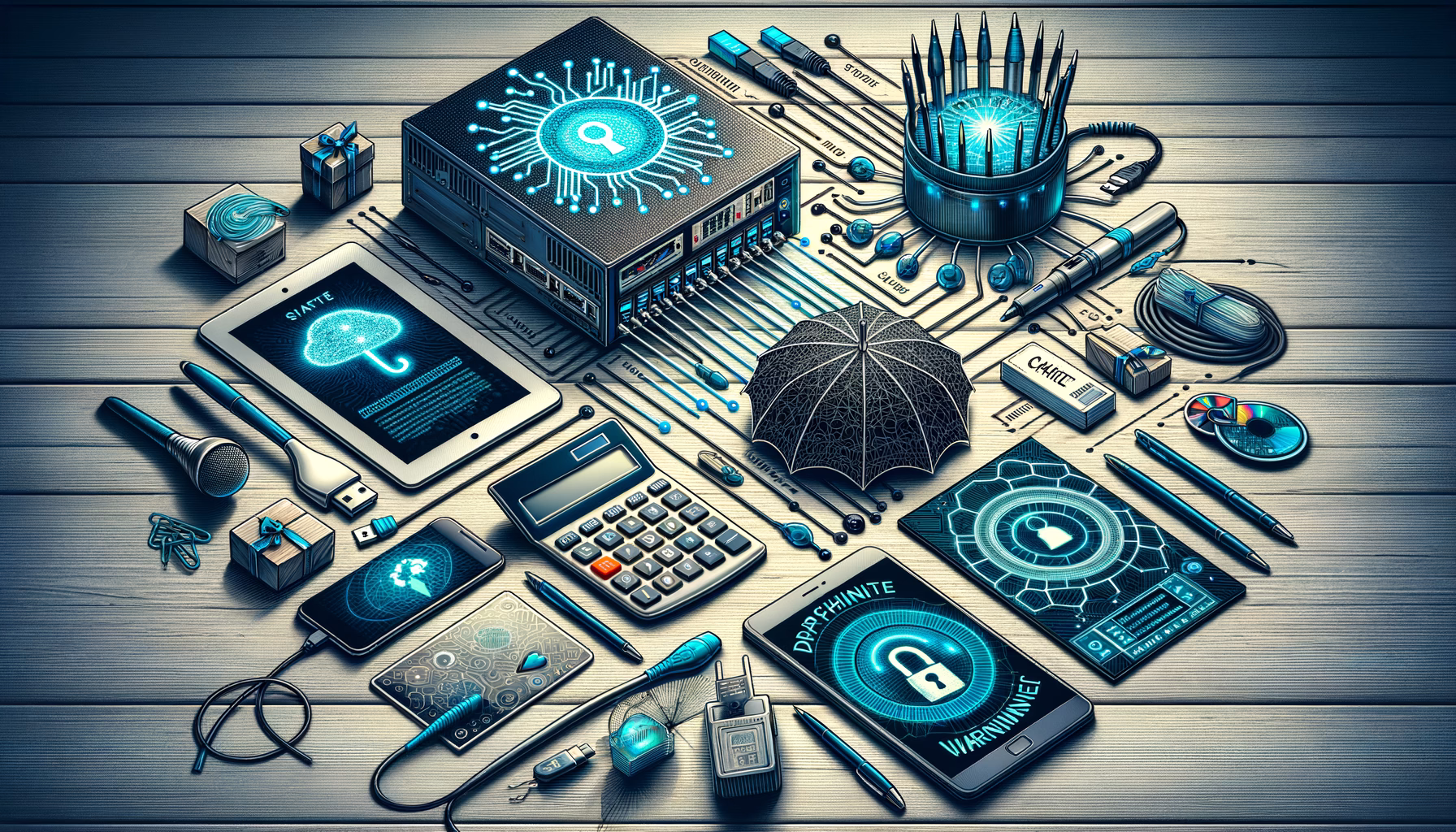 KDB Tech-Update 202501130602 Technologiearbeitsplatz mit Server, Kabeln, Notebook und Warnsymbolen; zeigt Vernetzung und Datensicherheit gegen Phishing.
