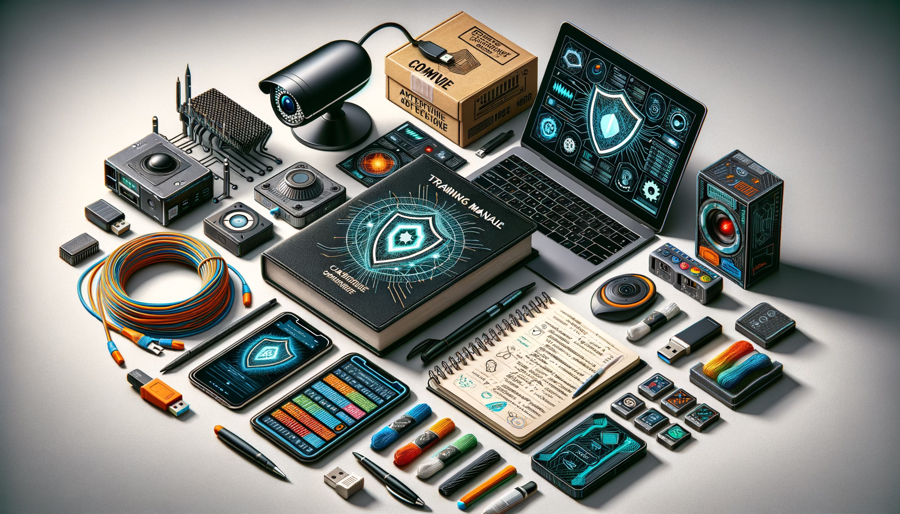 KDB Tech-Update 202501141607 Arbeitsplatz mit Laptop und Trainingshandbuch, Sicherheitskamera, Netzwerkschutz-Visualisierungen, Dokumentationsbuch, Kabeln und USB-Sticks für IT-Training.