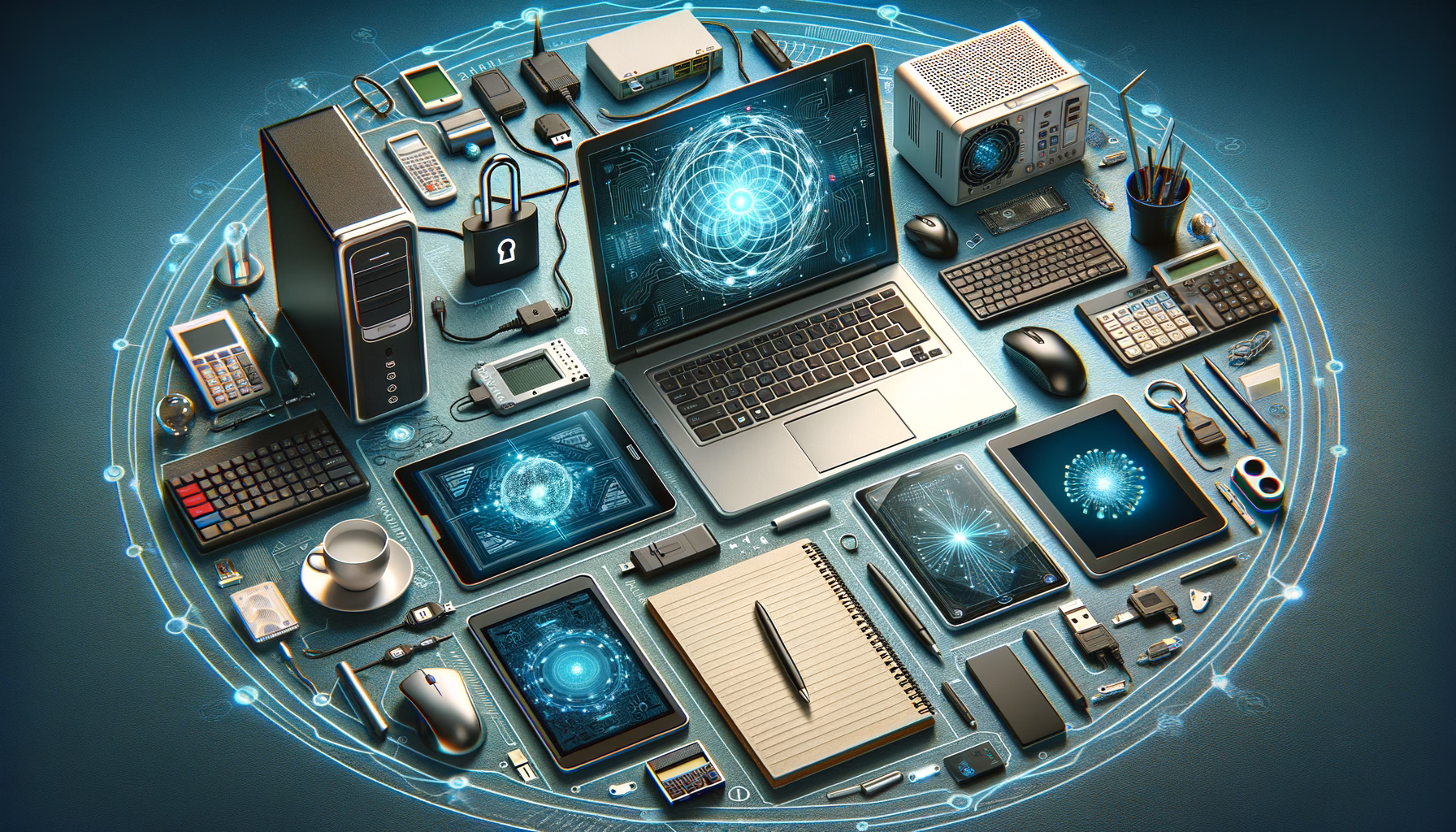 KDB Tech-Update 202501170605 Technologie-Desk mit Laptop, Tablet und Zubehör; Sicherheits- und Netzwerkgeräte sowie digitale Symbolanzeigen veranschaulichen Datenfluss und Schutz.
