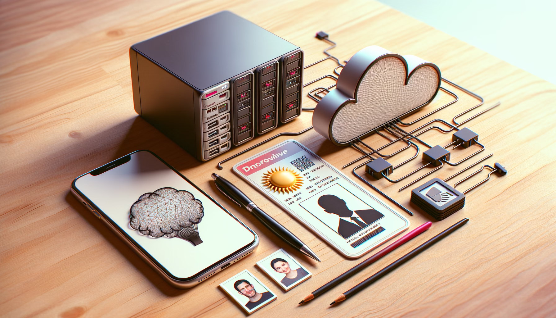 KDB Tech-Update 202501191601 Technischer Arbeitsplatz mit Cloud-Server, Smartphone, digitalen Ausweisen und kleingedruckten Passfotos zur Identitäts- und Verifikationsdarstellung.