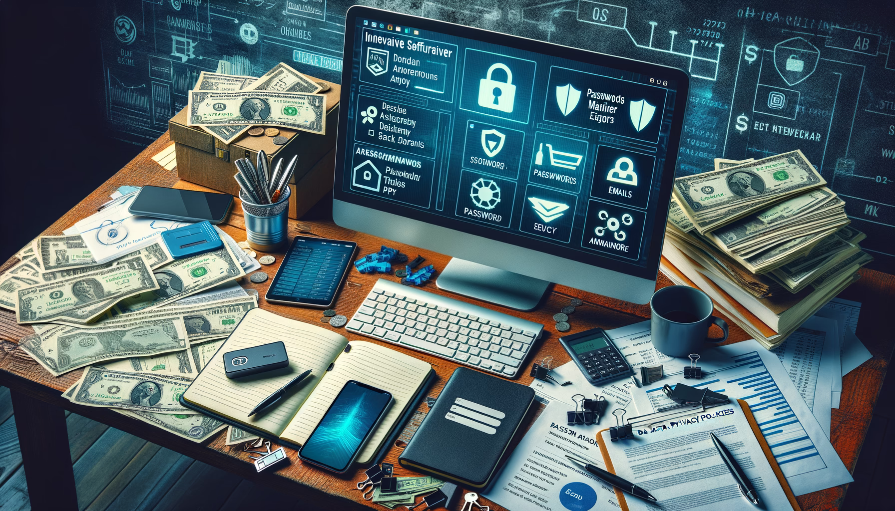 KDB Tech-Update 202501230604 Schreibtisch mit Computer, gesicherten Passwort-Icons und Dokumenten sowie Geld; verdeutlicht Sicherheit, Verwaltung von Daten und Finanzinformationen.
