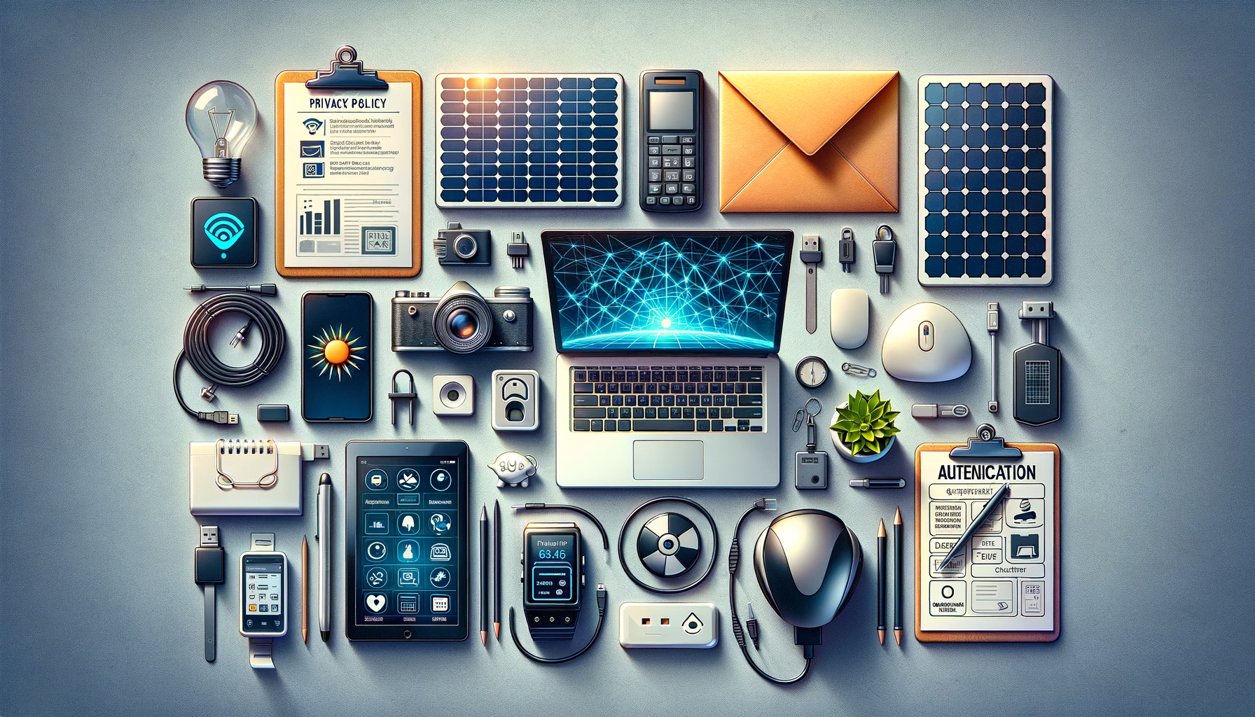 KDB Tech-Update 202501231605 Technologie-Desk mit Laptop, Smartphone und Tablet; daneben Energie-, Sicherheits- und Authentifizierungs-Elemente sowie Kabel und Dokumente für Updates.