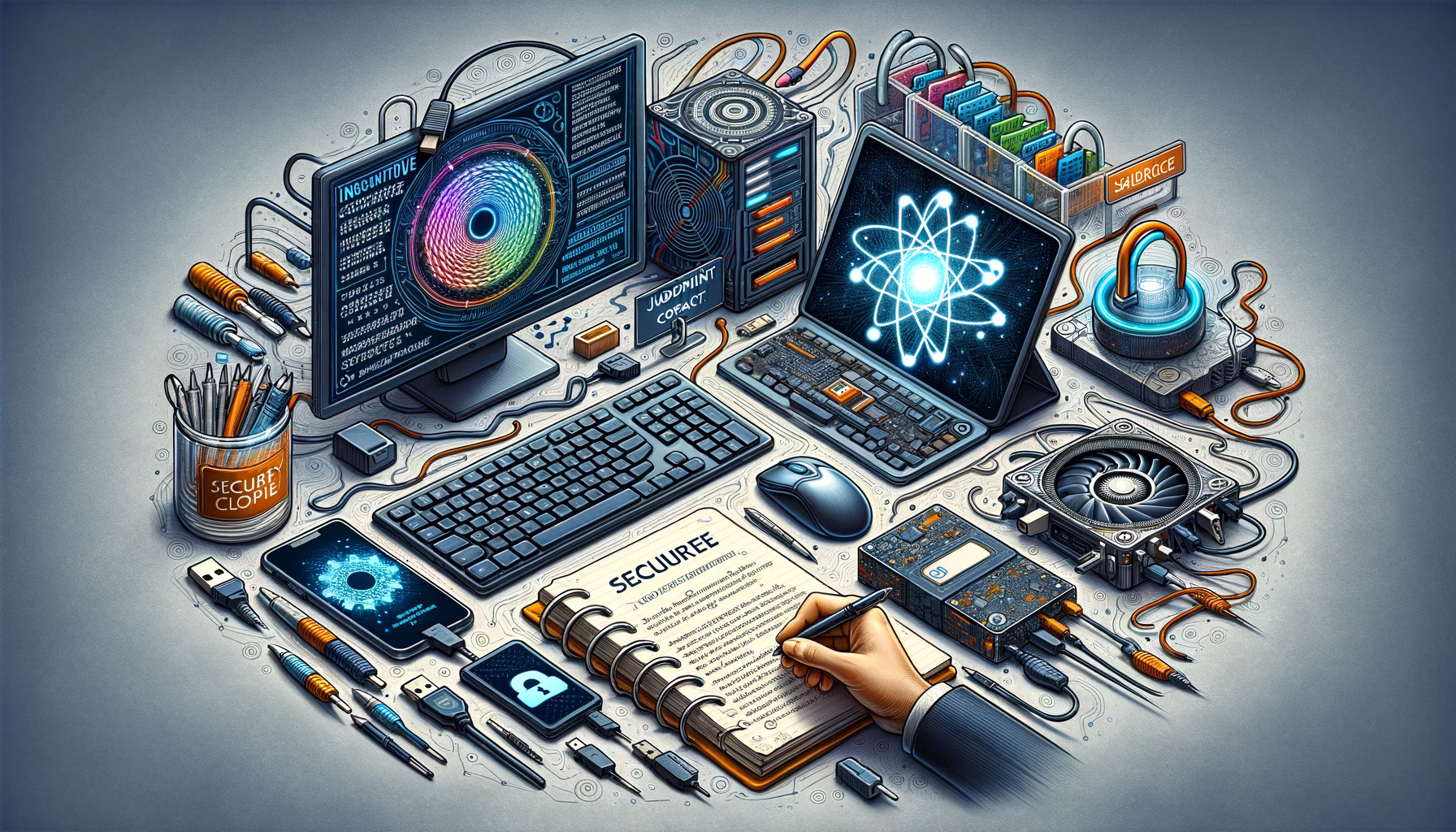 KDB Tech-Update 202501251602 Arbeitsplatz mit Computern, Servern, gesicherten Dokumenten, Notizbuch und Technikzubehör; Hand macht Einträge zur sicheren Softwareentwicklung und IT-Sicherheit.