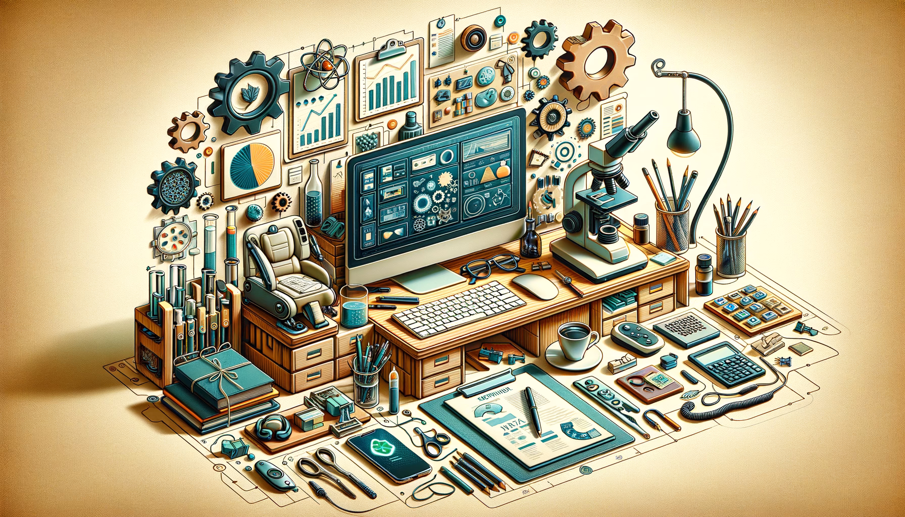 KDB Tech-Update 202501270603 Technik-Arbeitsplatz mit Monitor, Mikroskop, Stiften und Notizblock; daneben Bürobedarf und Öko-Elemente, Werkzeuge und Präsentationsmaterial.