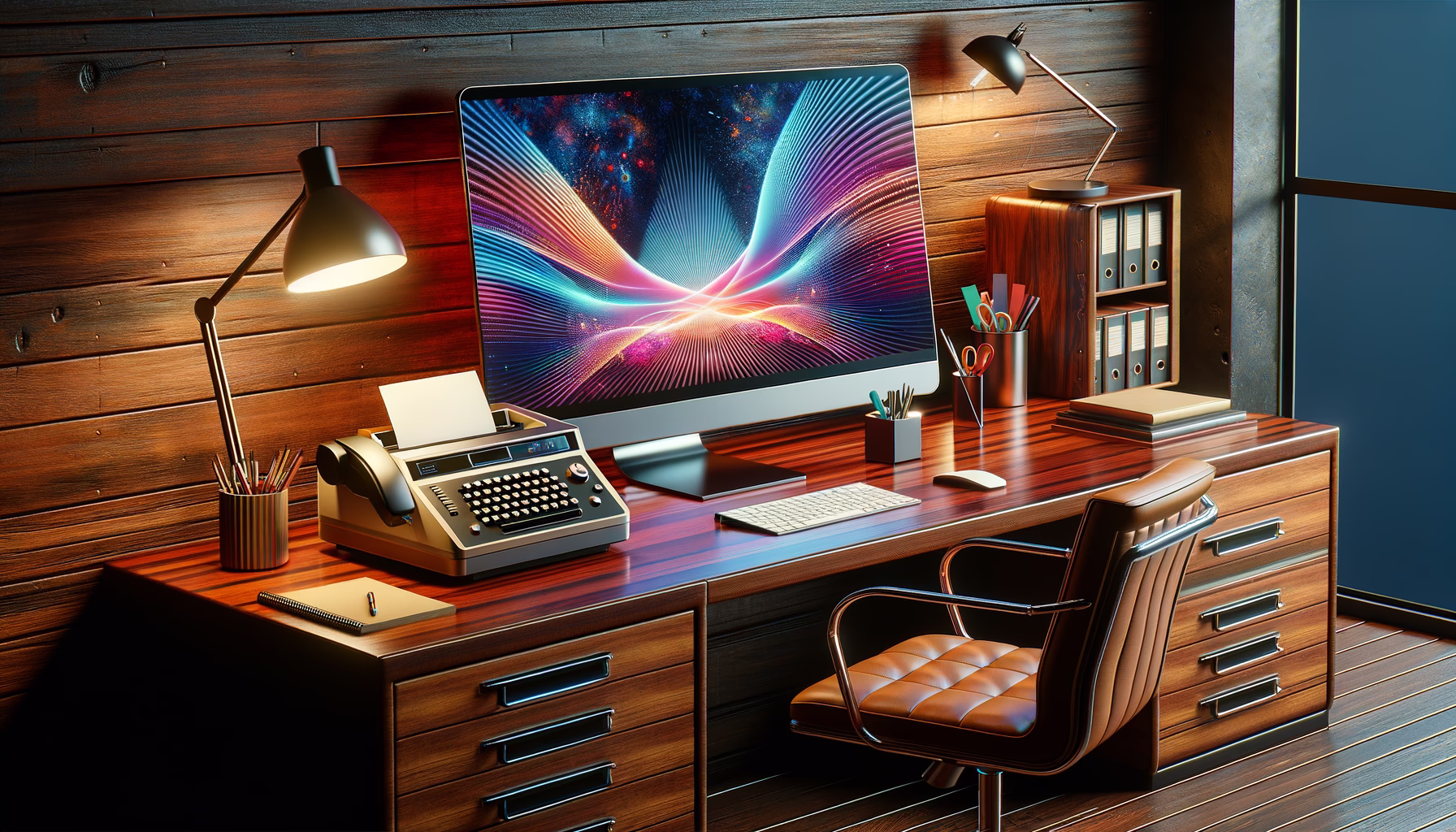 KDB Tech-Update 202501271611 Modernes Schreibtisch-Setup mit gebogenem Monitor, Faxgerät, Tastatur und Papieren; LED-Licht beleuchtet den Holztisch für produktives Arbeiten.