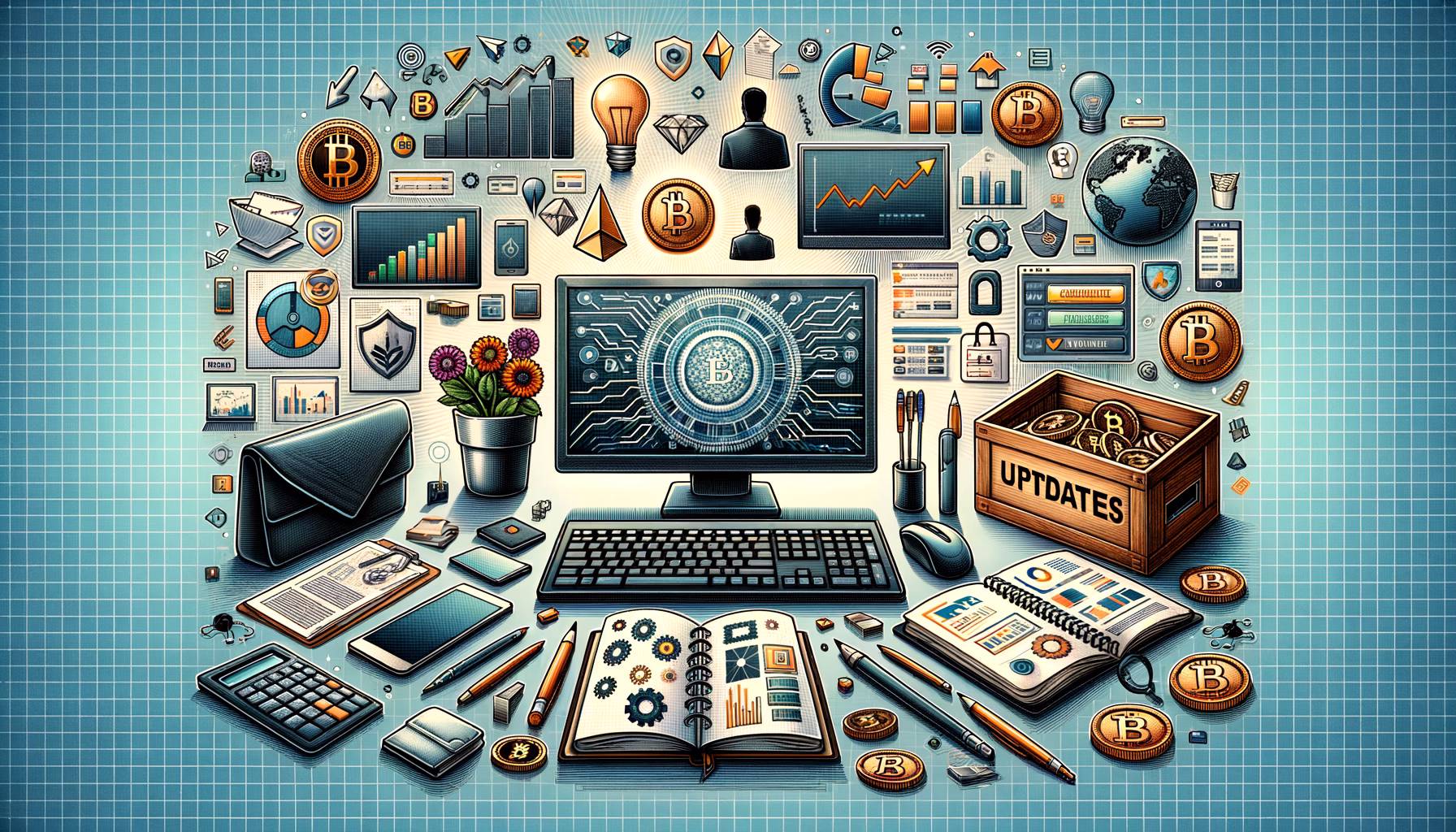 KDB Tech-Update 202501281605 Technologie-Desk mit Monitor, Finanz- und Sicherheits-Symbolen sowie Börsen- und Update-Elementen, symbolisiert Datenanalyse und IT-Absicherung.
