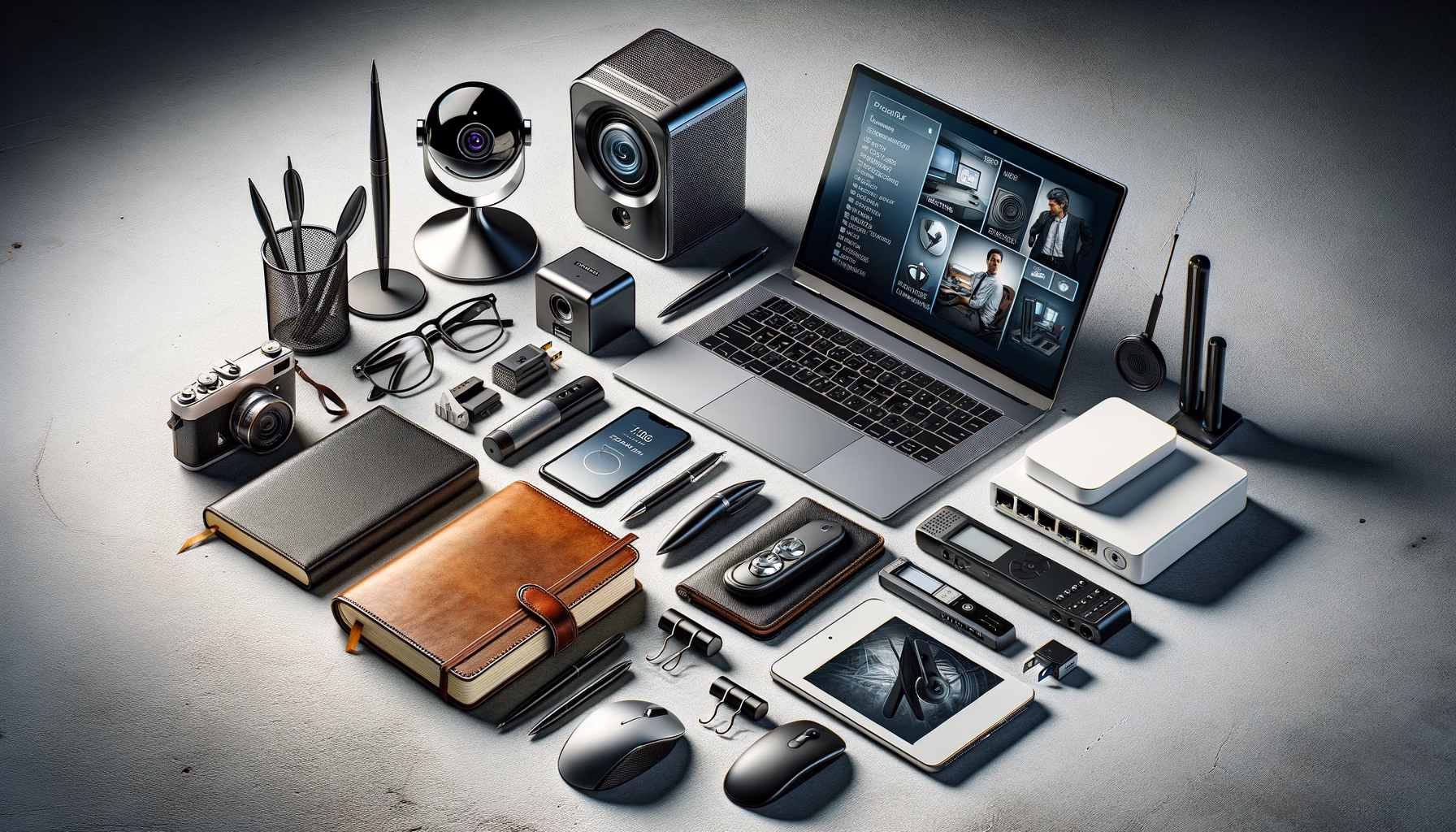 KDB Tech-Update 202501302324 Technik-Set auf Schreibtisch: Laptop, Router und Kamera, Sicherheits- und Eingabegeräte sowie Notizbuch und Papier zur Planung/Kommunikation.