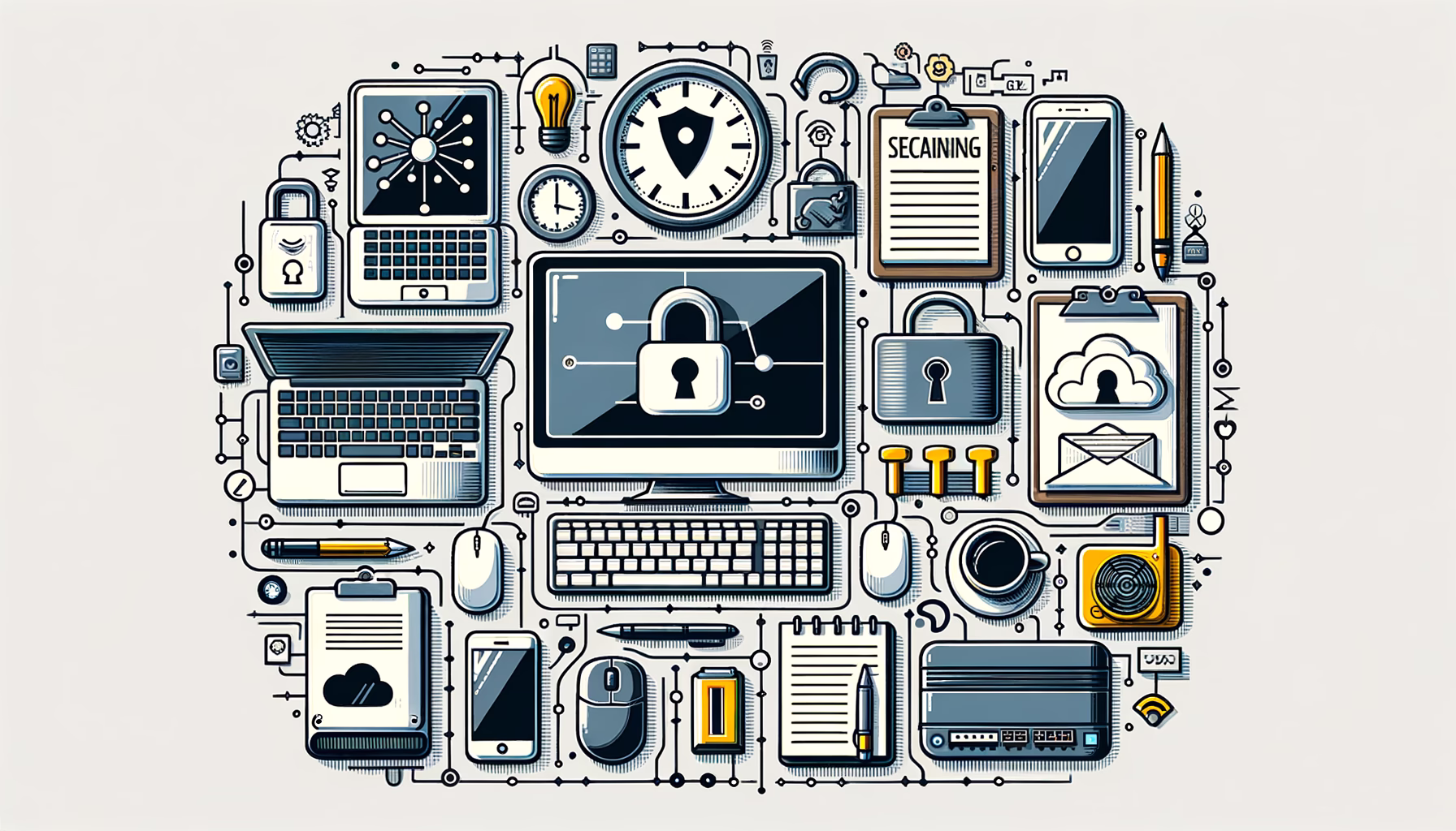 KDB Tech-Update 202501302326 Illustration mit Symbolen für IT-Sicherheit: gelöste Geräte, Firewall, verschlüsselte Daten und Schutzschlösser auf einem Monitor, skizzenhaft.