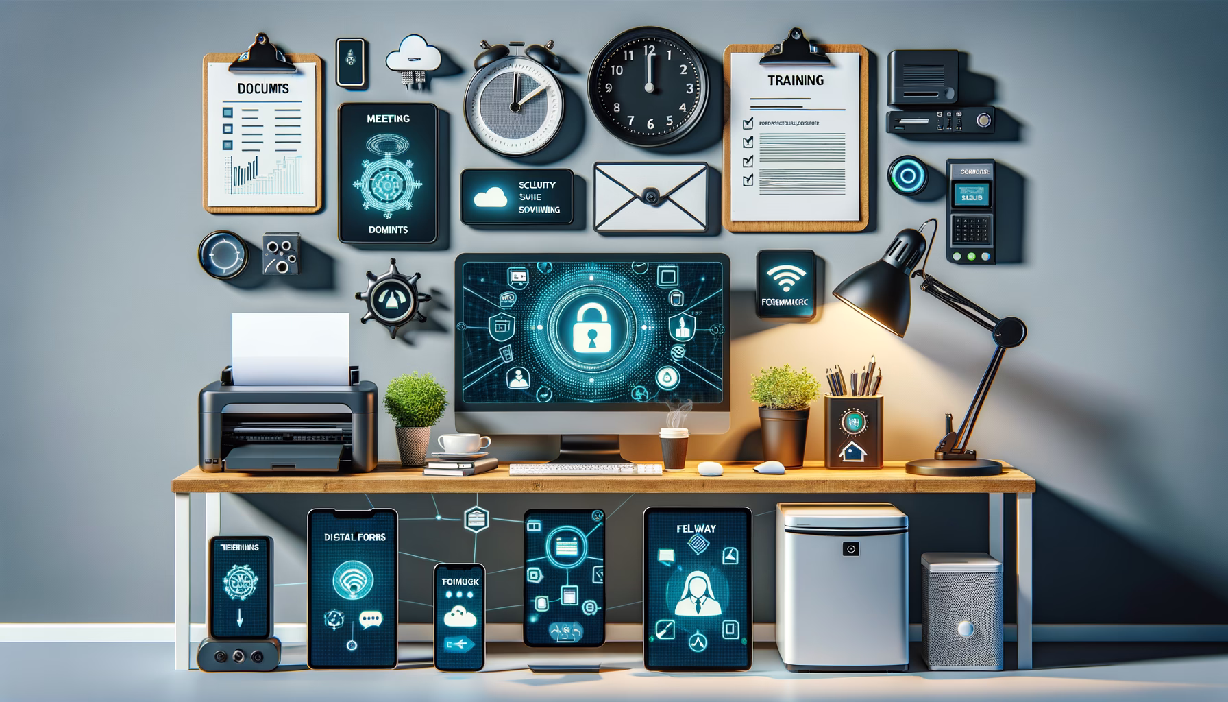 KDB Tech-Update 202502021611 Arbeitsplatz-Setup mit Monitoren, Smartphone, Tablet und Dokumenten; zeigt Sicherheitssoftware, Firewall-Logik und Chatbot-Unterstützung, ergänzt durch Drucker und Technik.