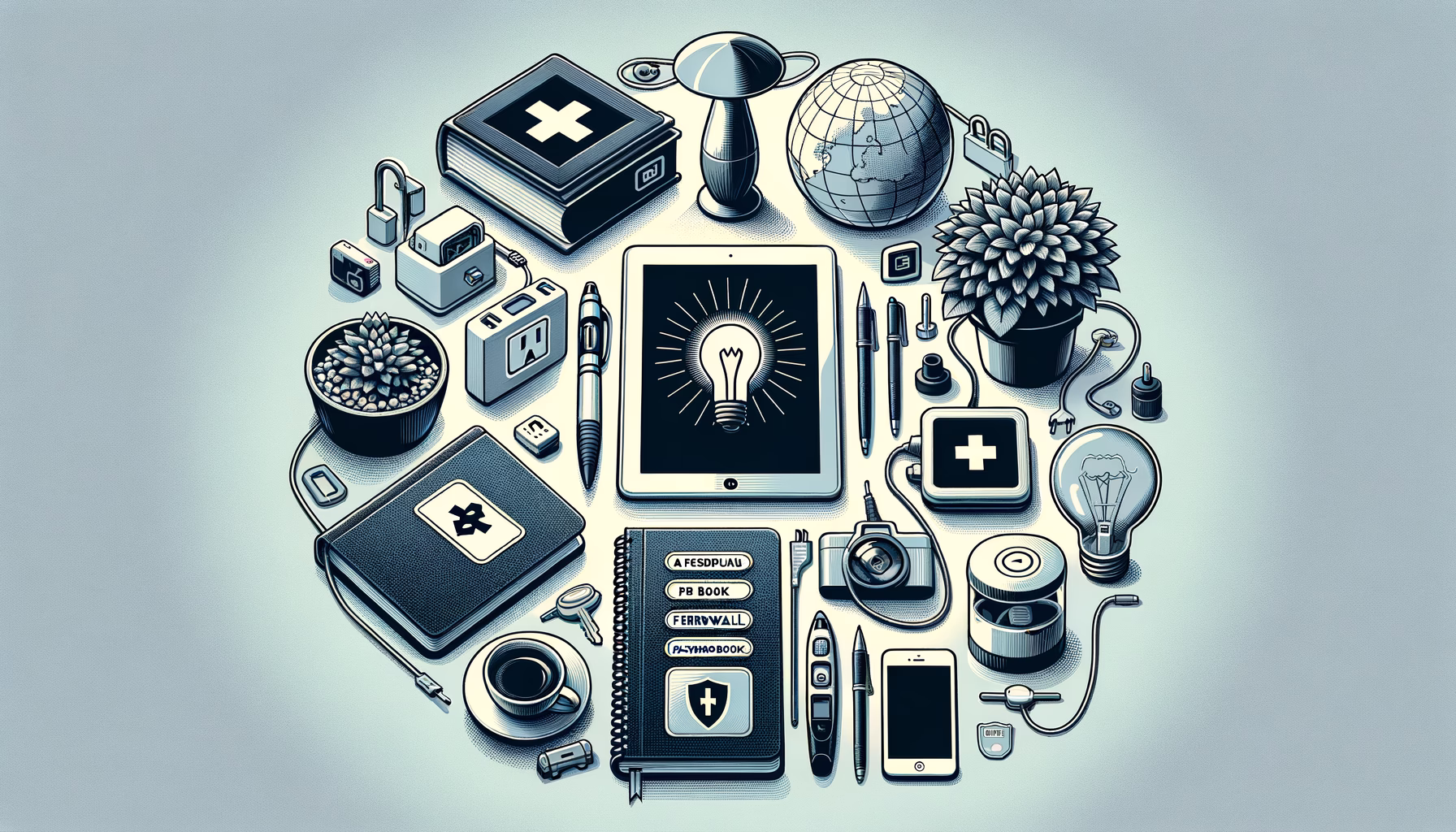 KDB Tech-Update 202502030601 Illustration eines Schreibtisch-Setups mit Tablet, Büchern, Ladegerät, Energiesparlampe, Firewall- und Notfall-/Medizin-Icons.