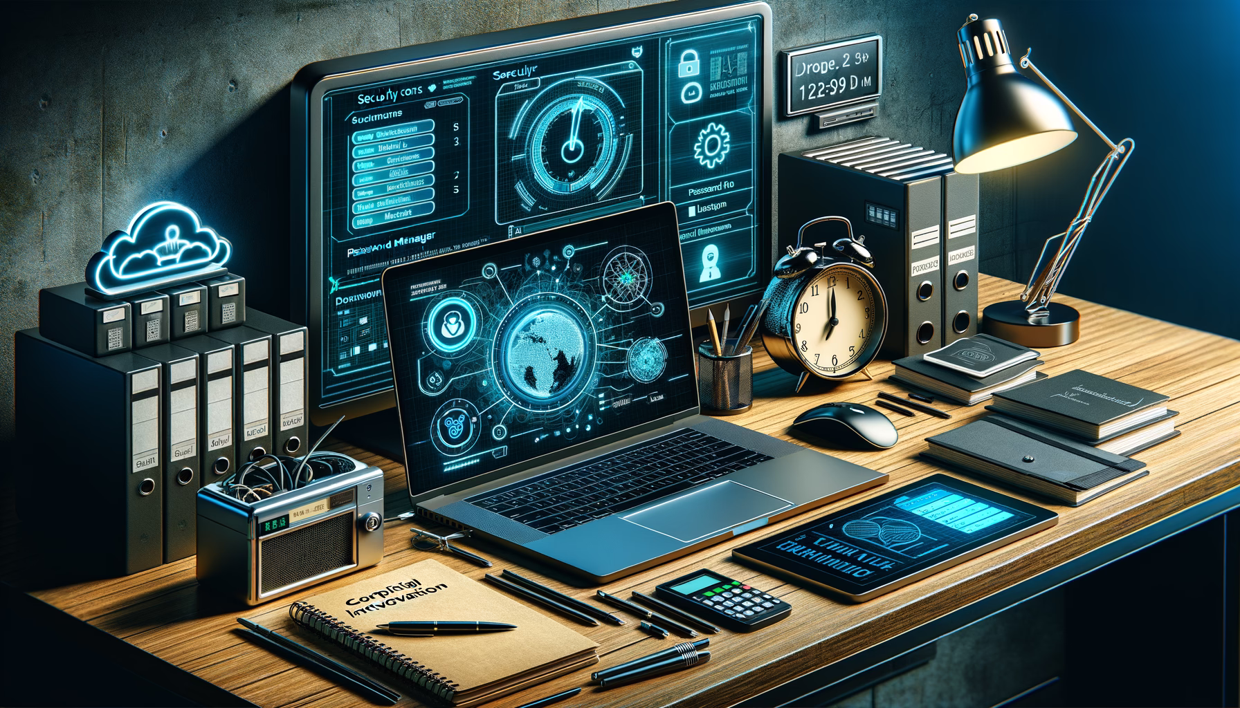 KDB Tech-Update 202502031607 Technikarbeitsplatz: Laptop mit Sicherheits-Software, Alarmuhr, Tablet/Tabletstift, Ordner und Notizbuch; eingeblendete Firewall- und Backup-Schnittstellen.