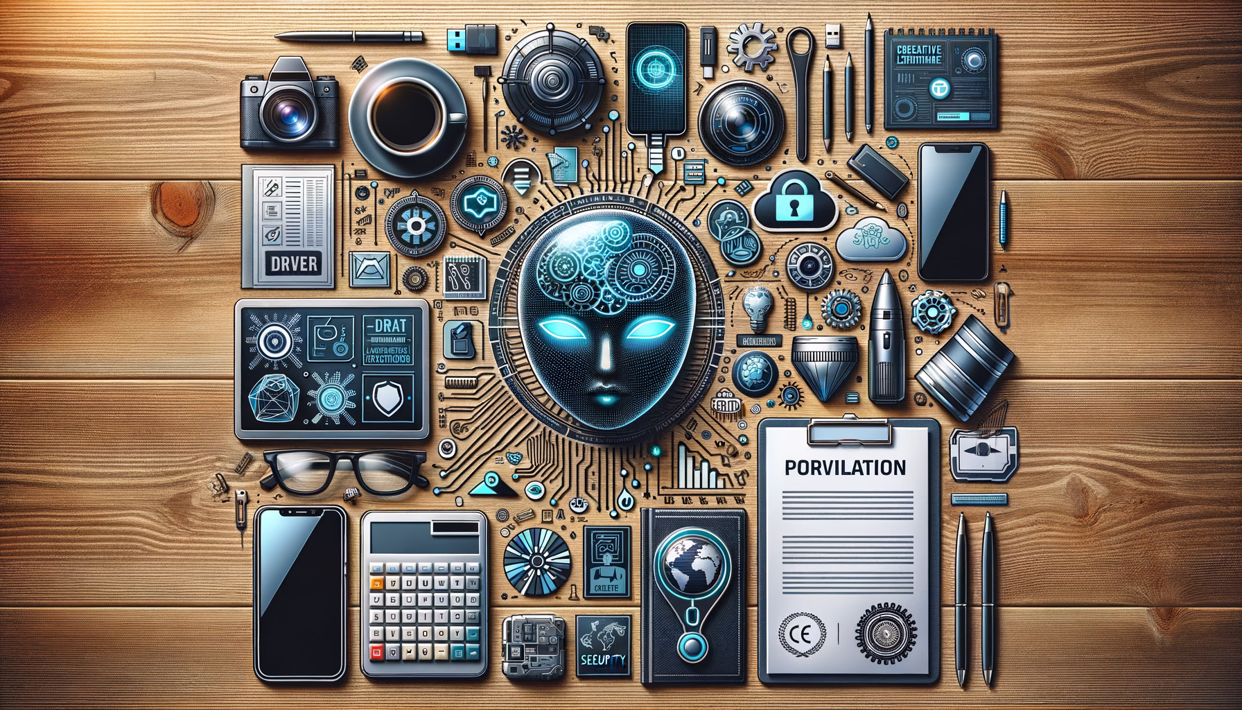 KDB Tech-Update 202502041608 Übersichtlicher Techniktisch mit Geräten, Dokumenten, CE-Symbol und Schablonen für KI, Sicherheit, Vernetzung und Schulungsmaterialien.