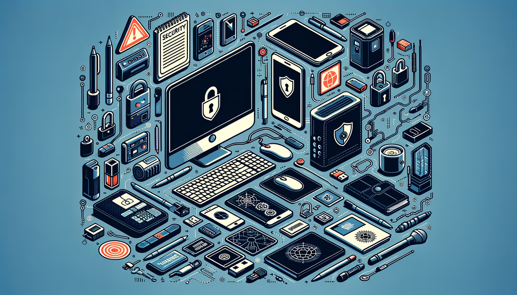 KDB Tech-Update 202502050605 Symbolische IT- und Sicherheits-Elemente um Monitor und Tastatur: Firewalls, Warnzeichen, Schlösser, Router, USB-Sticks und Antivirus-Icons für Schutz.