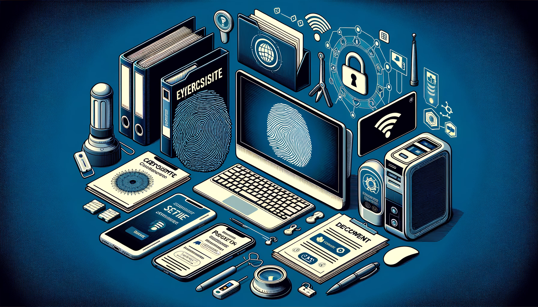 KDB Tech-Update 202502051606 Illustration eines Arbeitsplatzes mit Fingerabdruck-Scanner, gesichertem Computer, Netzwerk-Symbolen und Dokumentordnern für Cybersecurity.