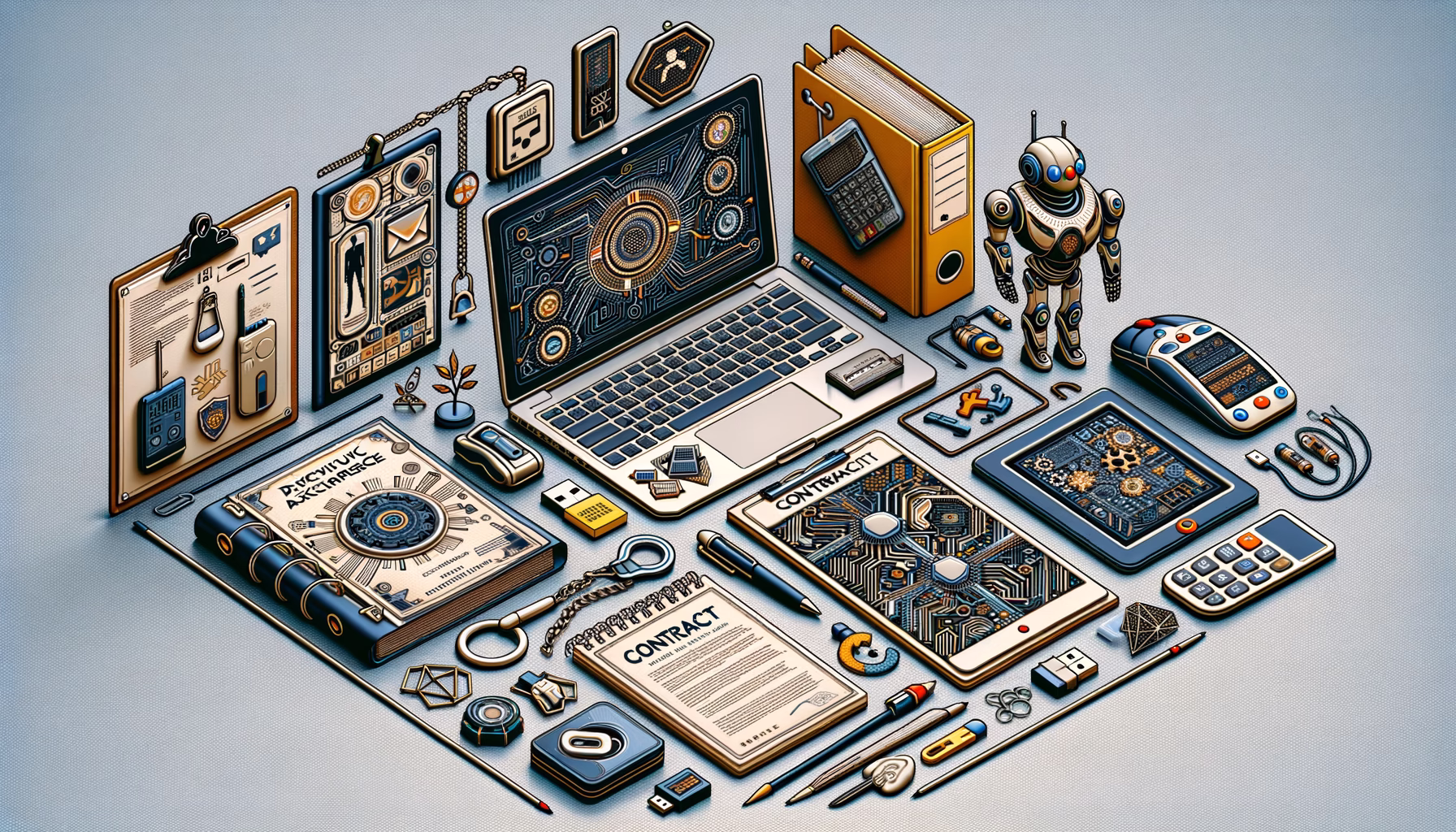 KDB Tech-Update 202502060605 Digitales Arbeitsplatz-Setup mit Laptop, Vertrag-Ordnern, Notizblock, IT-Sicherheits-Symbolen, USB-Stick und KI-Robotik-Icons zur Updates- und Dokumenten-Übersicht.