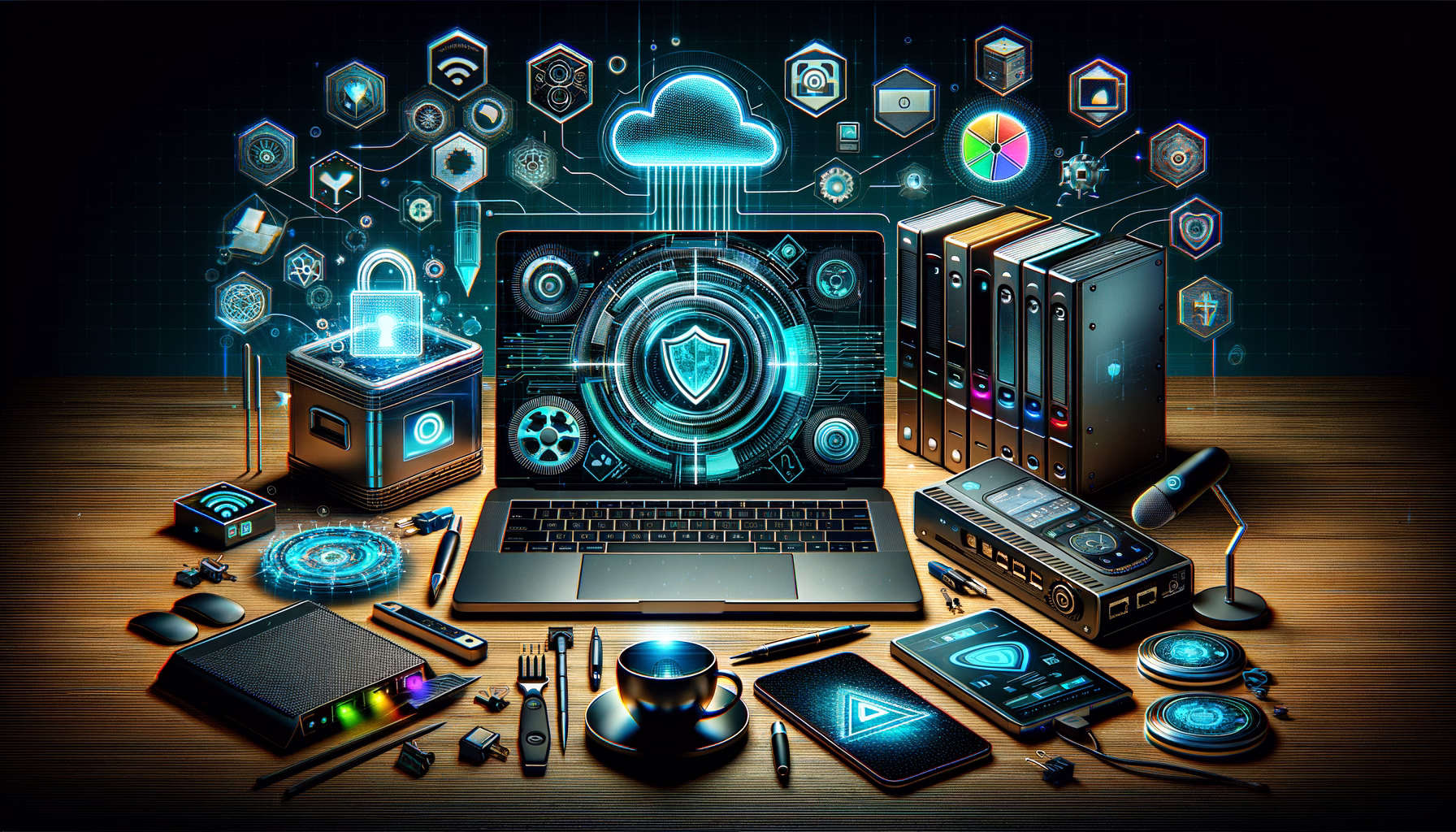 KDB Tech-Update 202502061606 Technik-Desk mit Laptop und Router sowie Smartphone; darüber Cloud-Sync, schwebende Schutz- und Verschlüsselungssymbole, Daten werden gesichert.