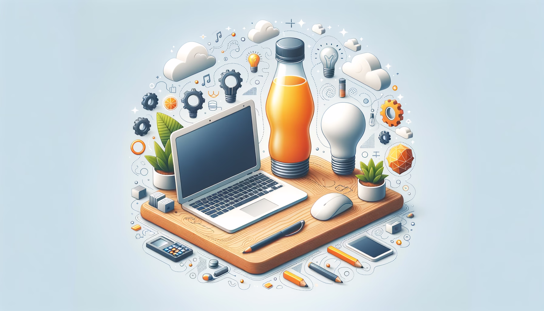 KDB Tech-Update 202502071604 Holzschreibtisch mit Laptop und Getränkeflasche, um Technik-Themen wie Energie und Produktivität visuell zu symbolisieren.