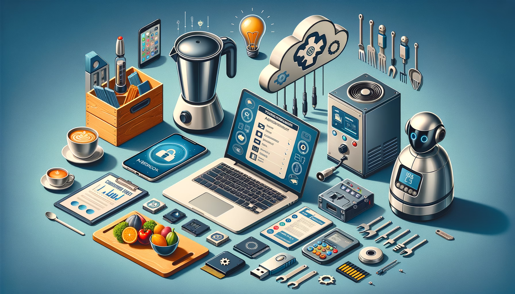 KDB Tech-Update 202502080604 Technik-Arbeitsplatz mit Laptop, Smartphone, Schutz- und Passwort-Symbolen, Server-Cloud, Werkzeugbox, Speicherkarten und Roboter-Assistent – für Review und Support.