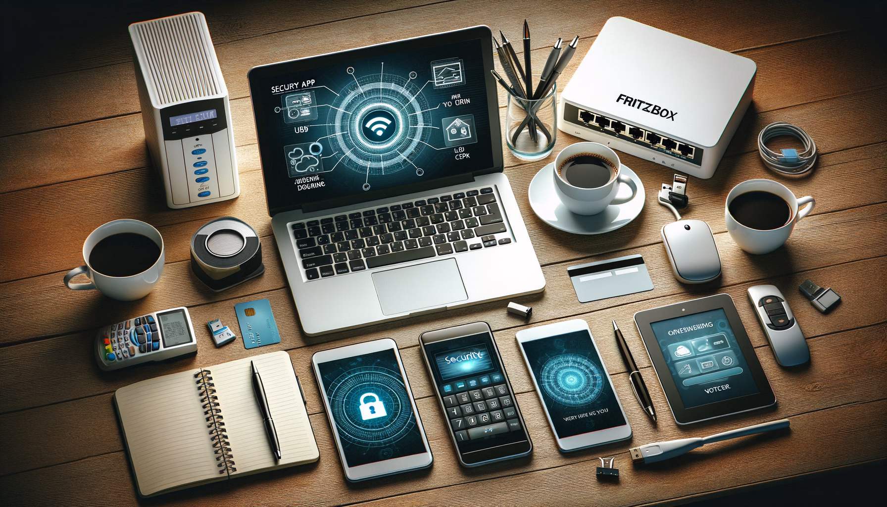 KDB Tech-Update 202502090602 Technik-Desk-Setup mit Laptop, Smartphone und Router, flankiert von USB-Stick, Karten und Notizbuch; zeigt Sicherheits- und App-Ansichten.
