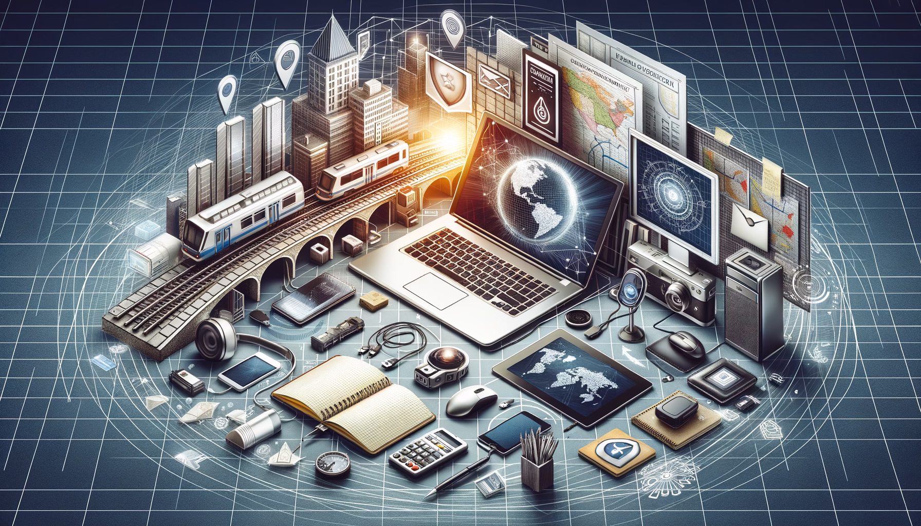 KDB Tech-Update 202502091603 Technologie-Übersicht auf Schreibtisch: Laptop, Karten, Kamera, Firewall- und Sicherheits-Symbole, Geräte und Zubehör zeigen vernetzte Arbeits- und Schutzfunktionen.