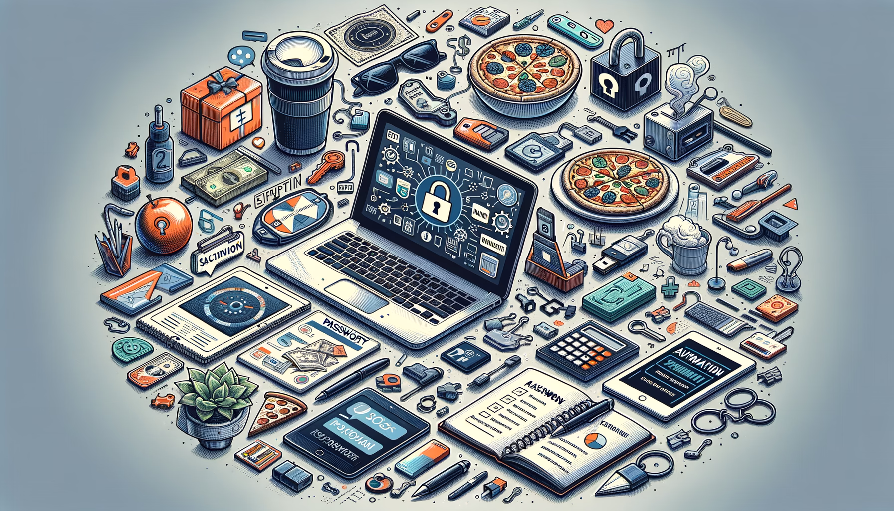KDB Tech-Update 202502100607 Laptop im Zentrum mit Schloss-Symbol und Sicherheitsgrafiken, umgeben von Technik- und Verwaltungsdokumenten—verdeutlicht Datensicherheit und Organisation.