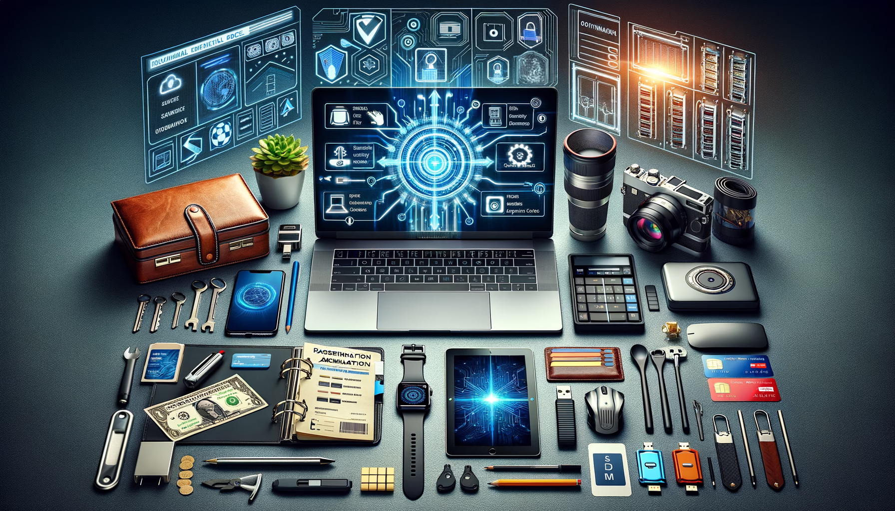 KDB Tech-Update 202502101607 Technik-Desk mit Laptop, Sicherheitssoftware und Authentifizierung, mobilen Geräten, Speichermedien und Tools; im Hintergrund Serverraum-Grafik.