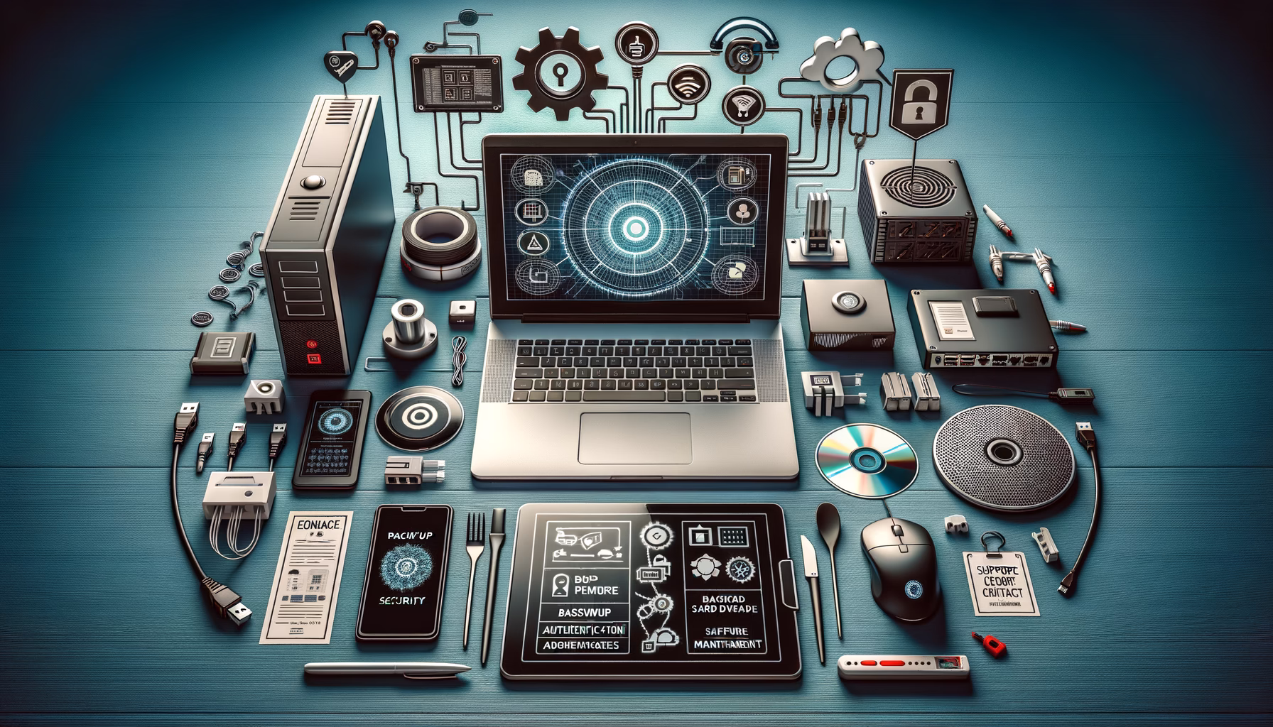 KDB Tech-Update 202502110606 IT-Arbeitsplatz mit Laptop, Firewall, Router, Speichermedien, Kabeln, Authentifizierung am Smartphone und Sicherheitszubehör zur Wartung und Absicherung.