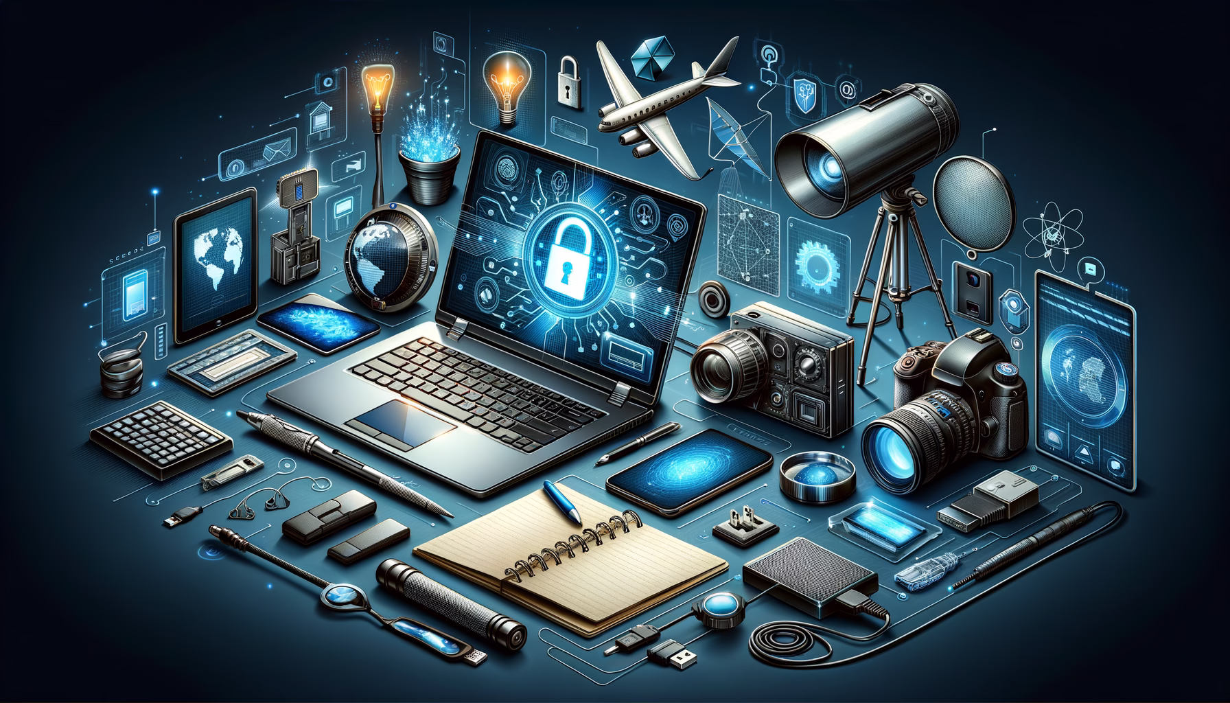 KDB Tech-Update 202502121613 Technik-Arbeitsplatz: Laptop mit Update-Status, Schloss/Firewall-Icon, USB-Stick und externe Datenträger, Monitor, Tastatur, Klemmen und Netzwerkkabel.