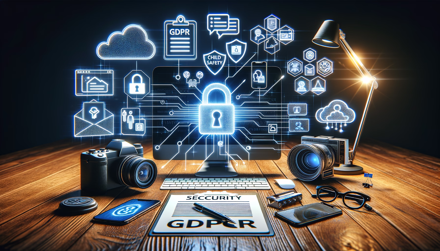 KDB Tech-Update 202502131257 Technik-Desk mit Monitor, Tablet, Smartphone, Kamera und Mikrofon; Sicherheits-, GDPR- und Kinderschutz-Icons sowie Cloud-Speicher und Video-Hardware im Hintergrund.