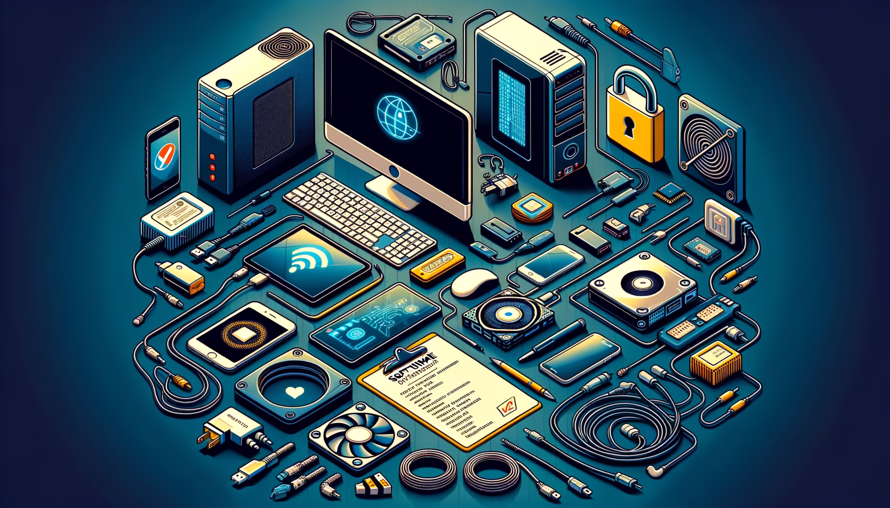 KDB Tech-Update 202502131604 Technik-Desk: Computer, Laptop und Smartphone mit Netzwerk- und Stromkabeln, Sicherheits- und Schutzsymbolen, sowie Datenträgern und Unterlagen.