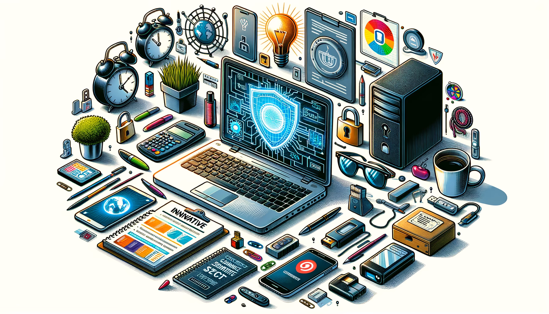 KDB Tech-Update 202502140611 Schreibtisch-Illustration mit Laptop, Sicherheits-Symbolen (Firewall, Locks), USB und Dokumenten: zeigt vernetztes IT- und Datenschutztraining.