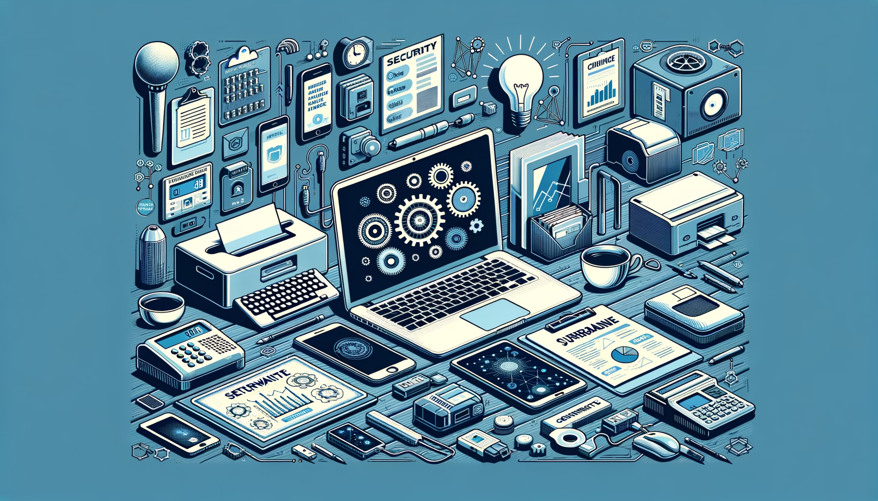KDB Tech-Update 202502141601 Technologie-Desk-Illustration mit Laptop, Router, Smartphone, Drucker, Projektor und Dokumenten zur Planung, Wartung und Datensicherung.