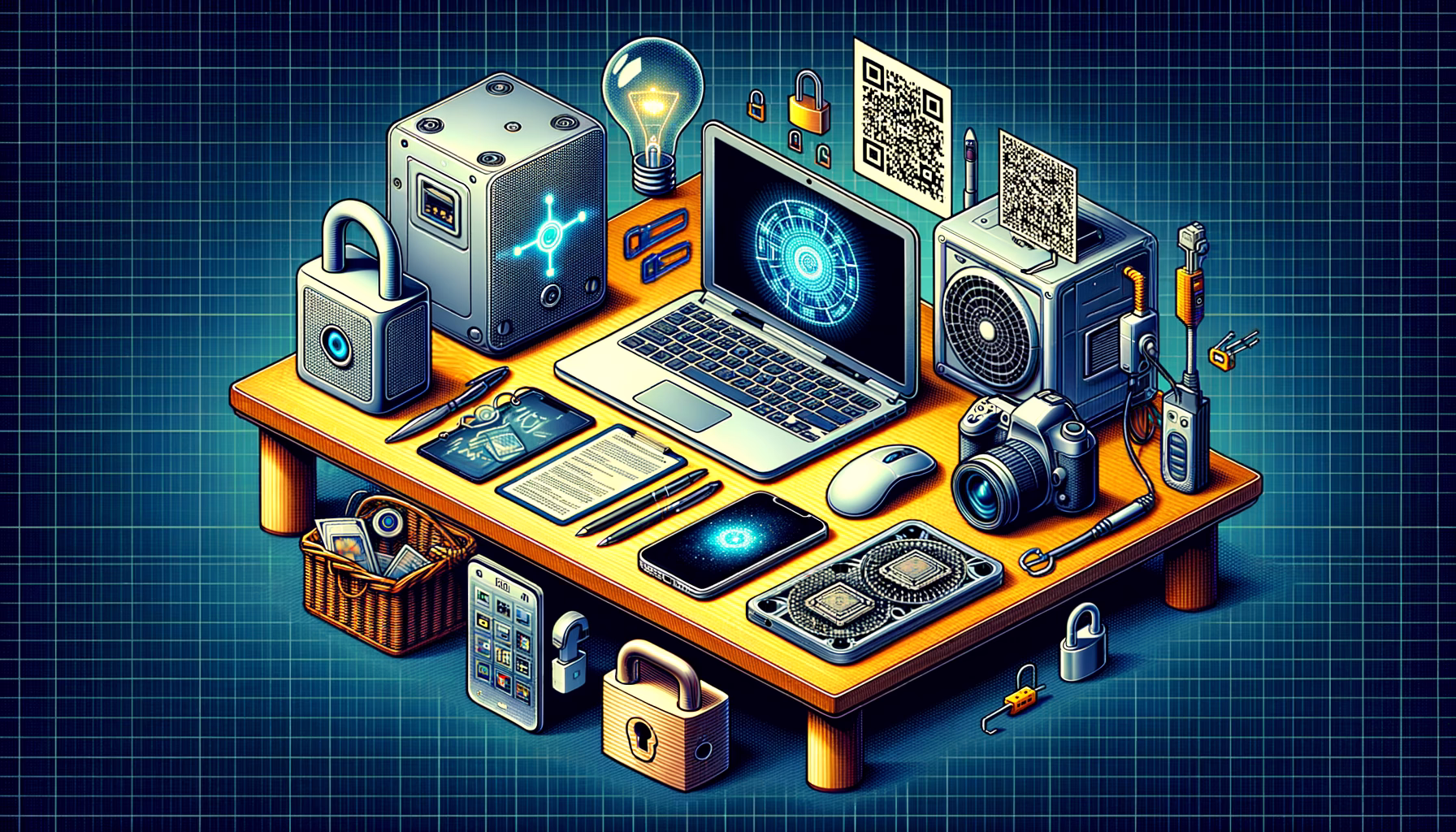 KDB Tech-Update 202502151603 Technik-Desk mit Laptop, Server-Komponenten, QR-Code und Smartphones; Symbole für Verschlüsselung und Datenzugriff verdeutlichen Sicherheit und Vernetzung.