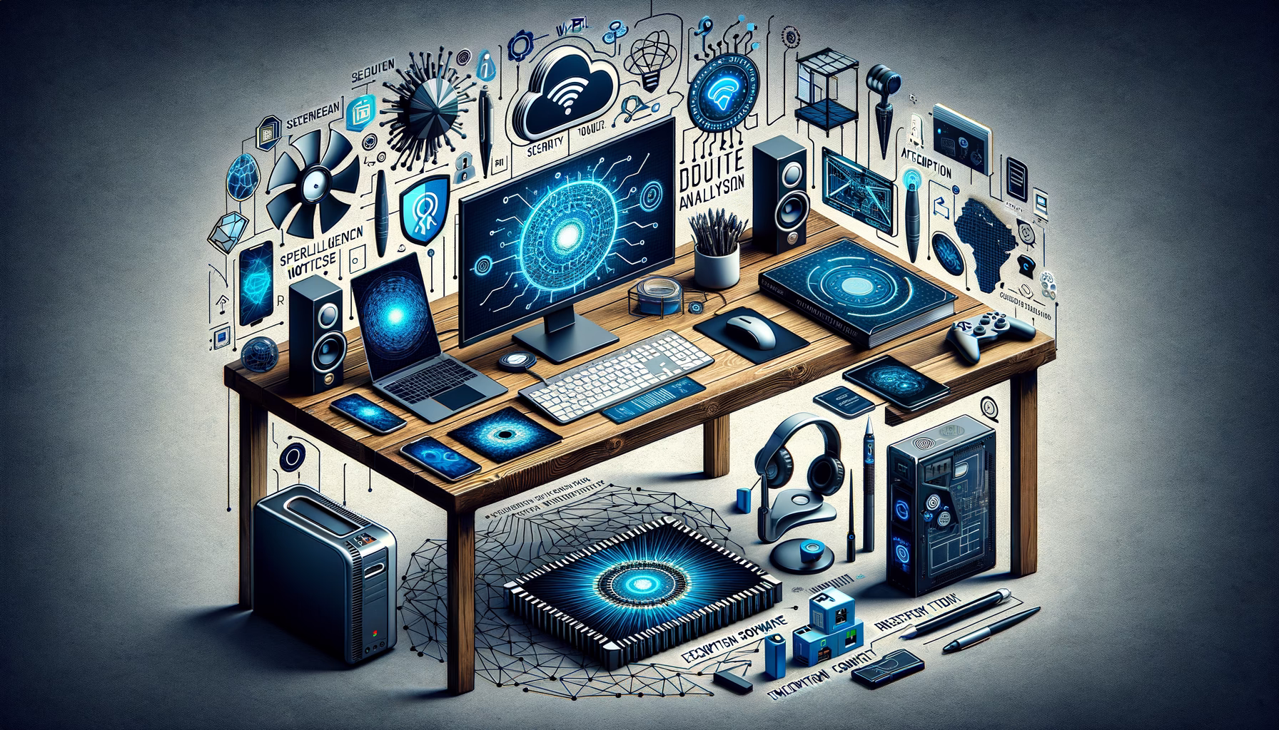 KDB Tech-Update 202502160612 Technik-Workstation mit Laptop, Router, Monitoren, Speichermedien und Symbolen für Sicherheit, Analyse, KI und Datenverschlüsselung.