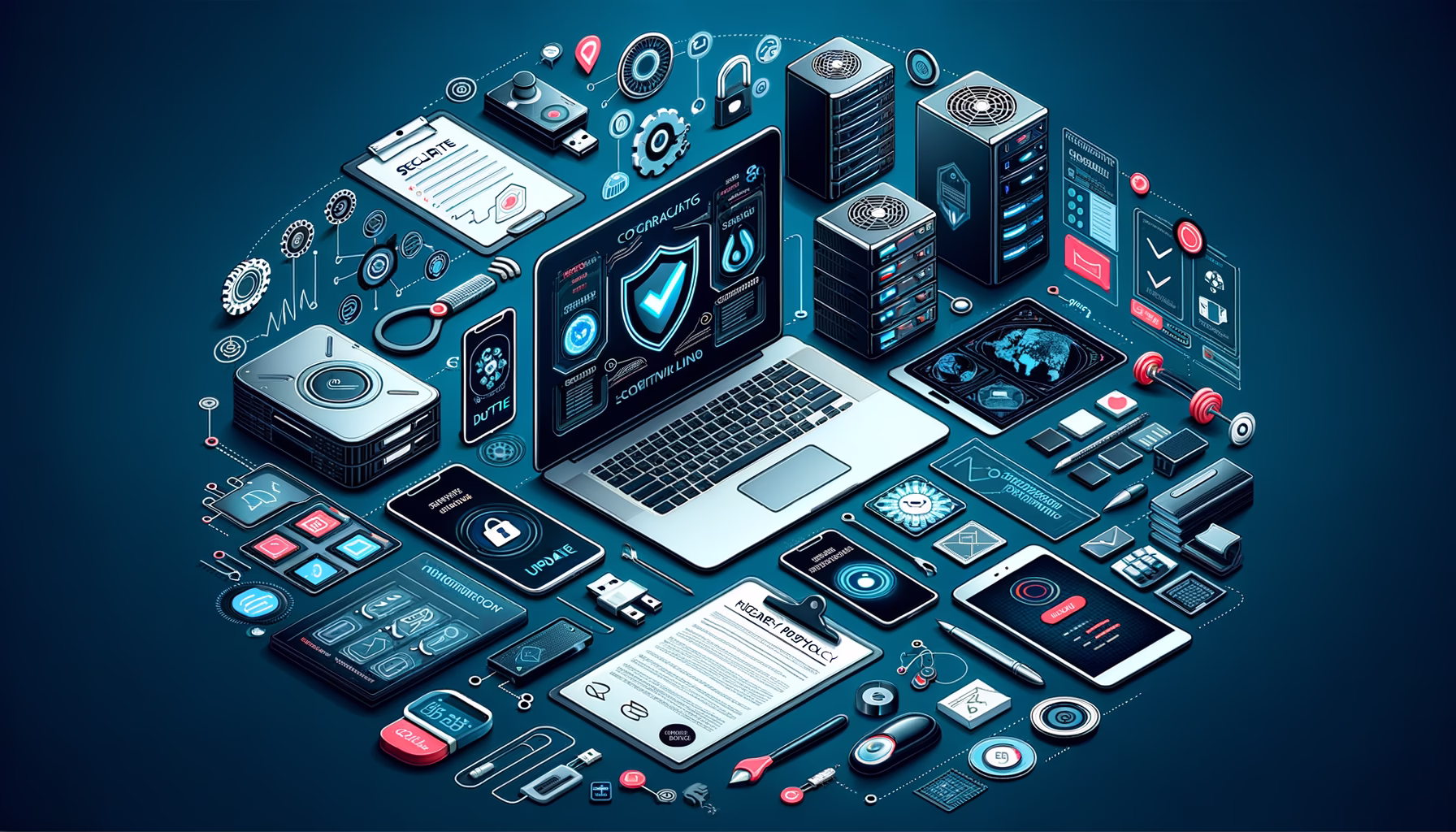 KDB Tech-Update 202502170603 Technologie-Desk mit Laptop, Servern, Smartphone, USB-Stick und Sicherheitsdokumenten; Symbole zeigen Update, Schutz, Zertifikate und Energieanzeige.
