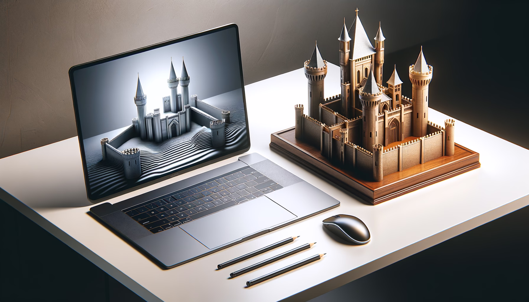 KDB Tech-Update 202502171605 Laptop mit hellem Bildschirm, daneben ein detailreiches Burgmodell auf Holzsockel; daneben Stifte und Maus zur Arbeits-/Präsentationsunterstützung.