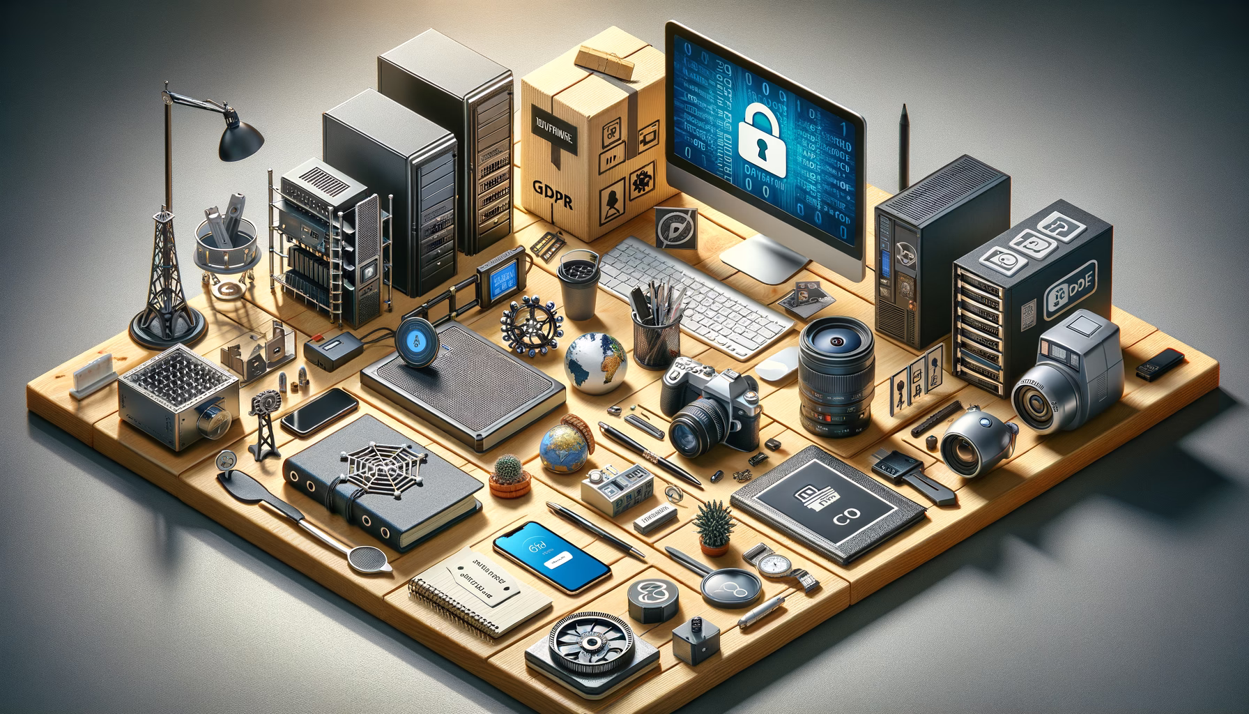 KDB Tech-Update 202502180604 Technischer Arbeitsplatz mit Server- und Firewall-Modellen, gesicherten Geräten, Laptop und Smartphone; Illustrationen und Dokumente für Datenschutz und Sicherheit.