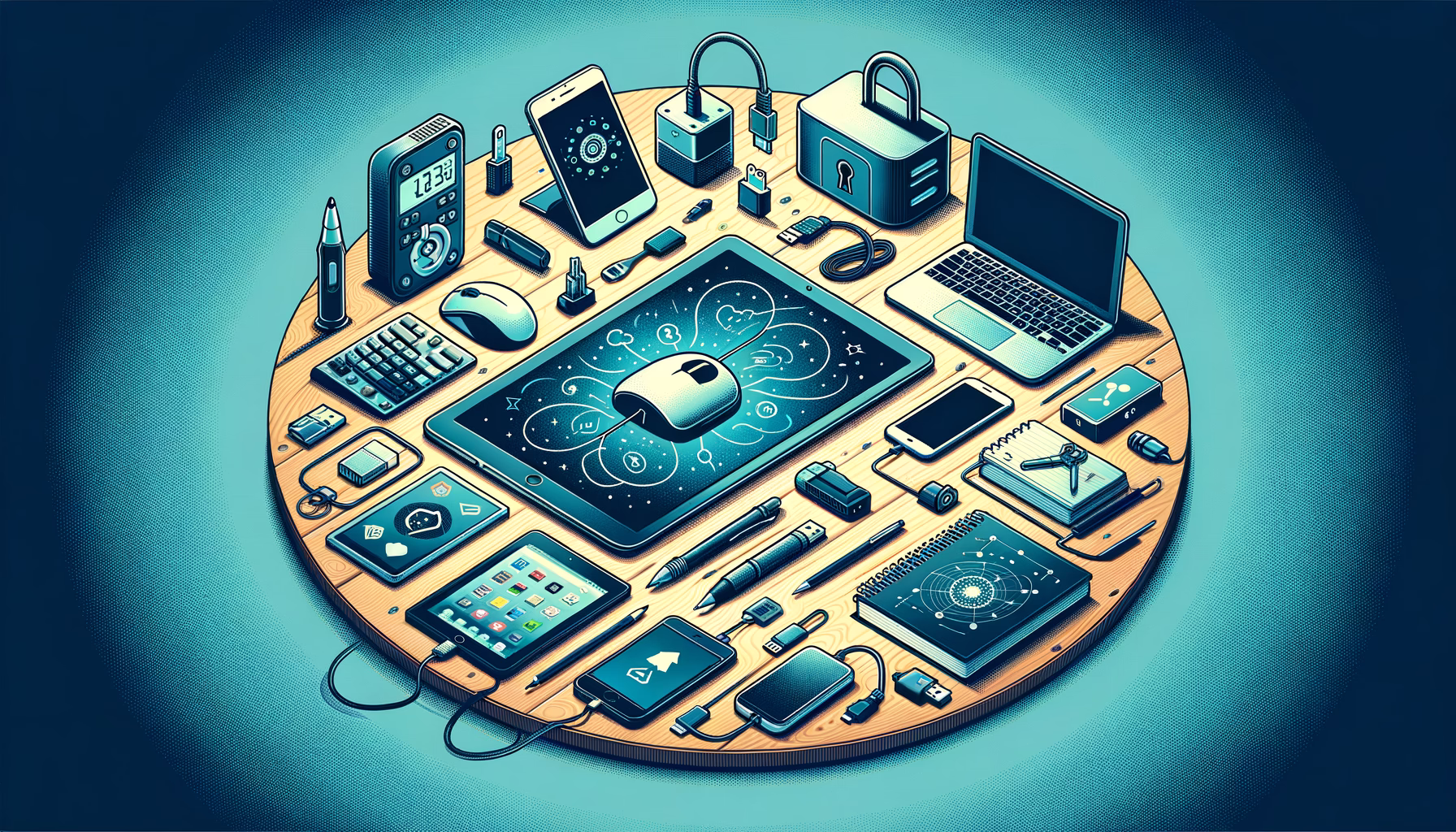 KDB Tech-Update 202502181606 Modernes Tech-Arbeits-Setup mit Laptop, Smartphone, Peripherie und Sicherheitsgeräten; zeigt vernetzte Datenübertragung und Schutzfunktionen.