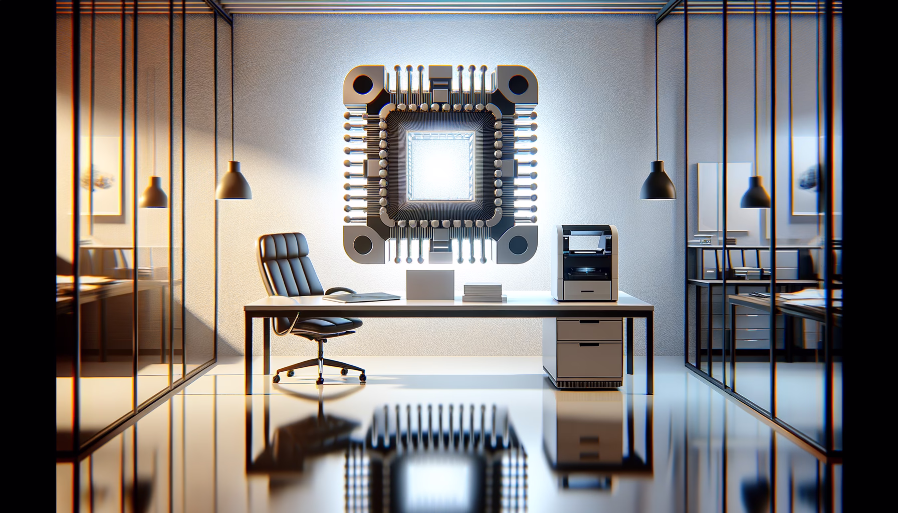 KDB Tech-Update 202502201603 Modernes Büro mit zentral platziertem Quantenchip auf reflektierender Fläche und daneben kompakter Drucker; Technik-Fusion als Blickfang.