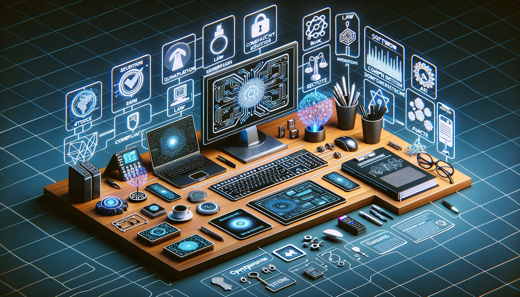 KDB Tech-Update 202502210602 Modernes Desk-Setup mit Laptop, Smartphone und Sicherheits-Icons: Firewall, Verschlüsselung, Compliance-Dokumente, API- und Anomaly-Detection-Metaphern.
