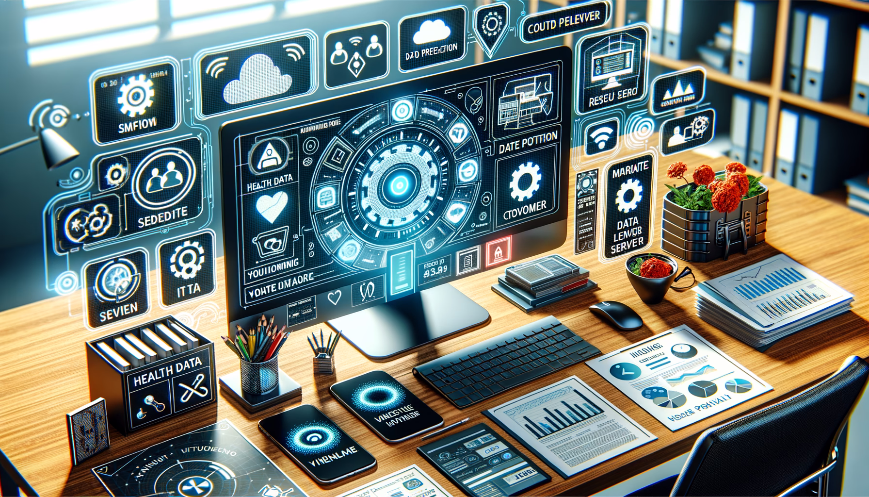 KDB Tech-Update 202502211604 Moderner Schreibtisch mit Monitor, Smartphone und Cloud/Codec-Icons, daneben Unterlagen und Diagramme für IT-Updates, Datensicherheit und Planung.