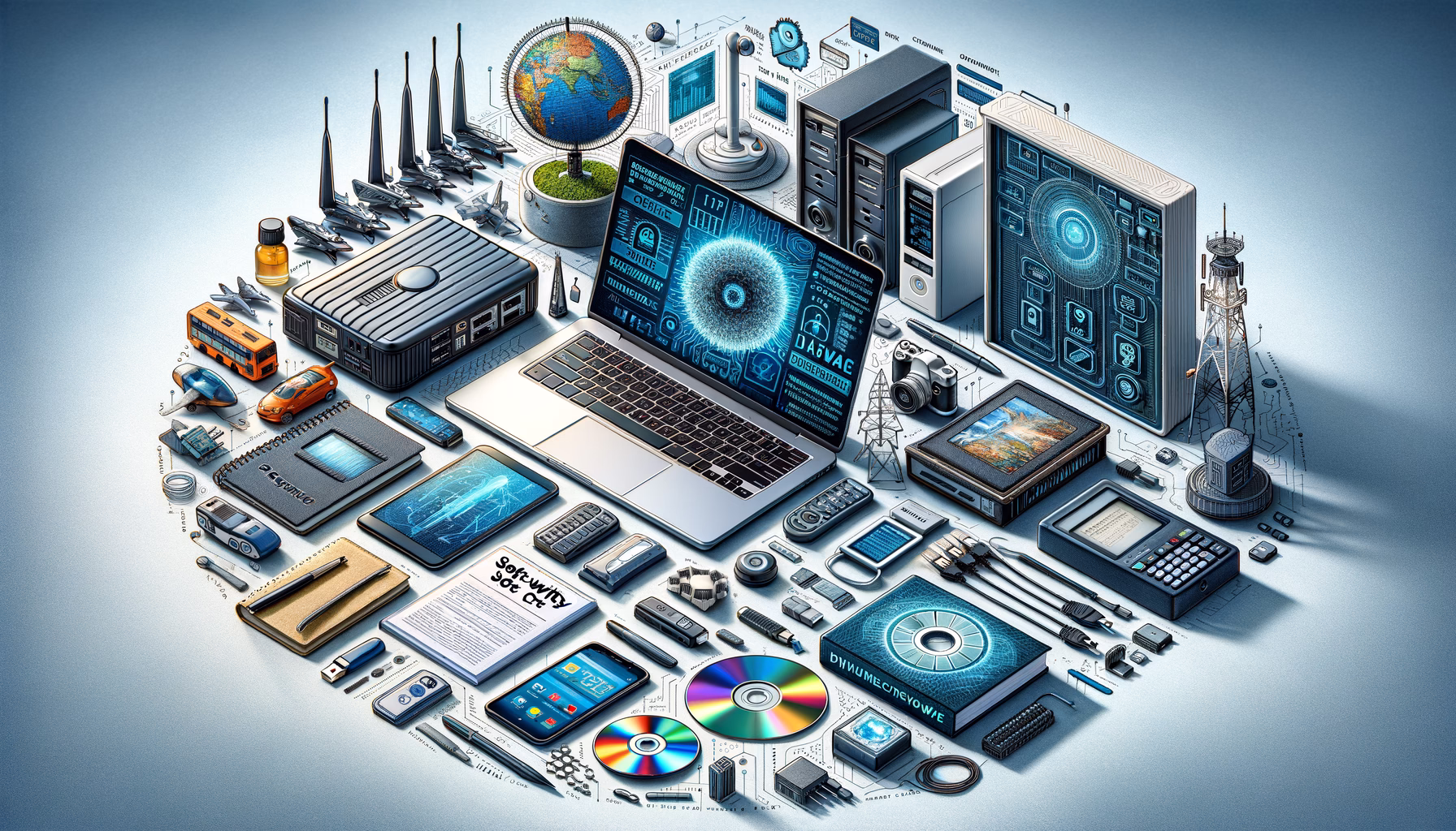 KDB Tech-Update 202502220602 IT-Arbeitsplatz mit Laptop, Server- und Router-Modellen, Speichermedien, USB-Stick, Netzwerk- und Sicherheitsgrafiken zur Demonstration von IT-Updates.
