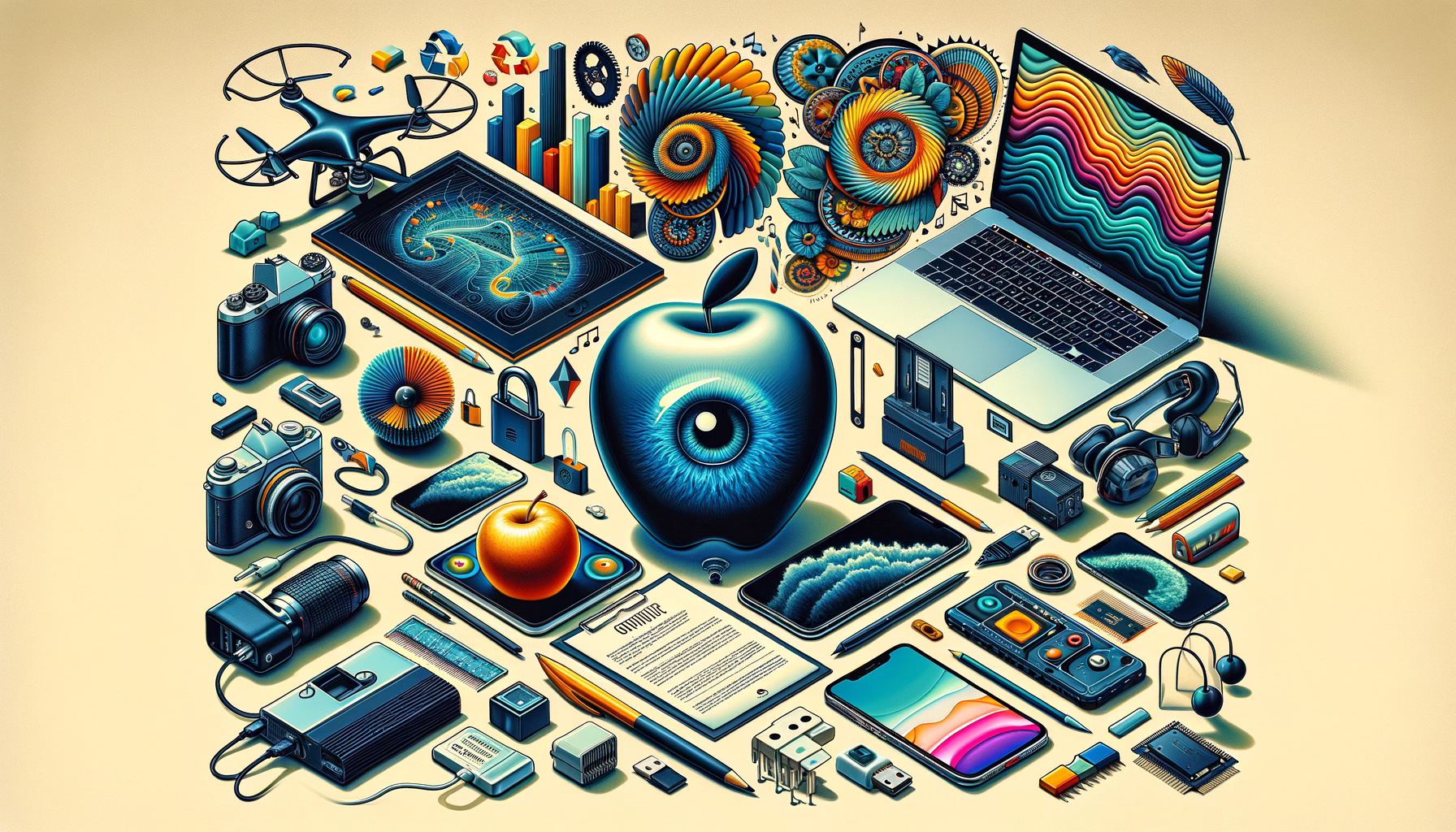 KDB Tech-Update 202502230602 Technik-Collage: Laptop, Smartphone, Maus, Grafik-Hardware, Werkzeuge und farbige Symbole; zeigt vernetzte digitale Aufgaben und Sicherheit.