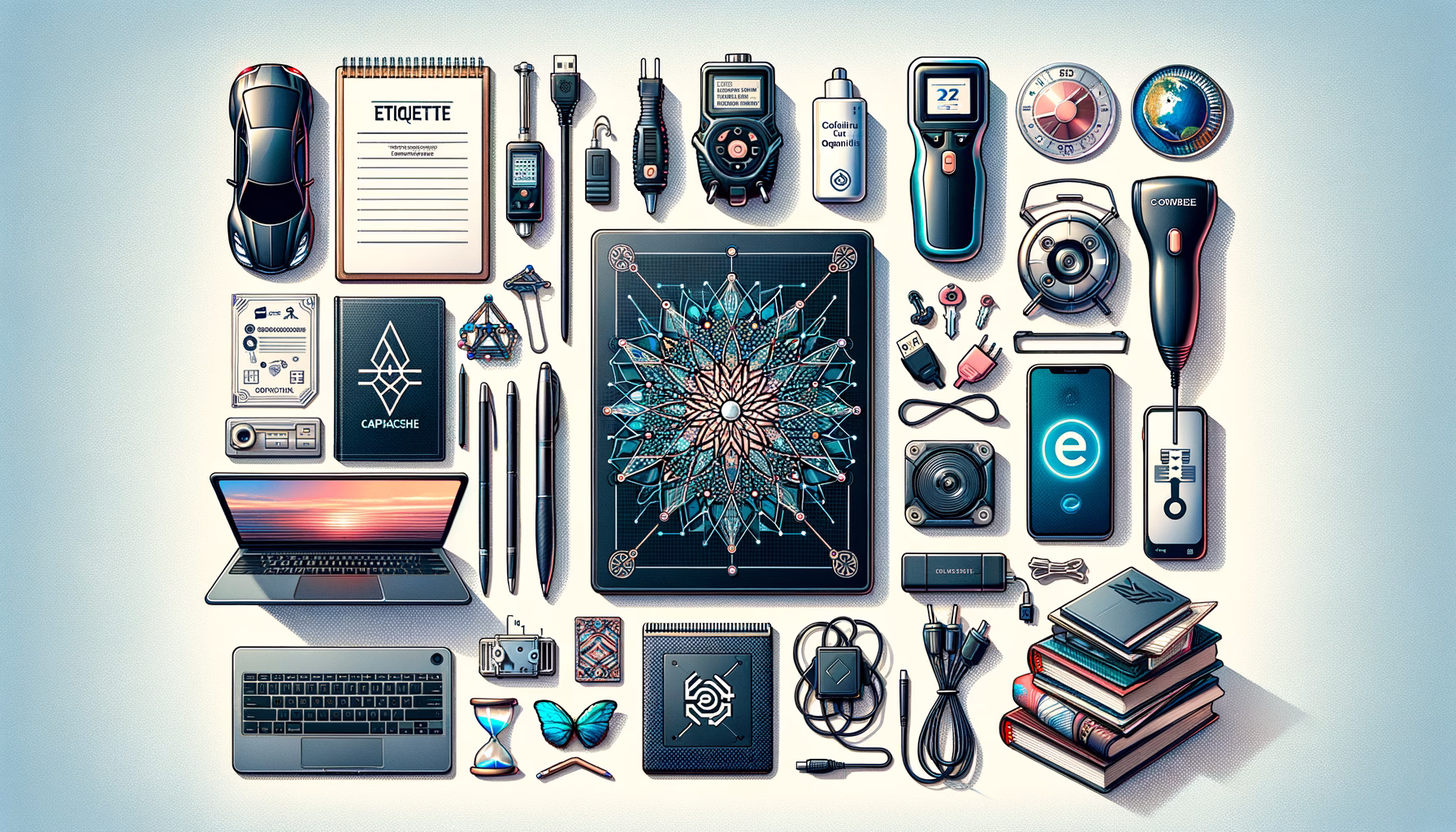 KDB Tech-Update 202502231604 Futuristisch dekorierter Technik-Arbeitsplatz mit Laptop, Tablet, Dokumenten, elektronischen Geräten, Schalt- und Ladetechnik sowie Büchern.